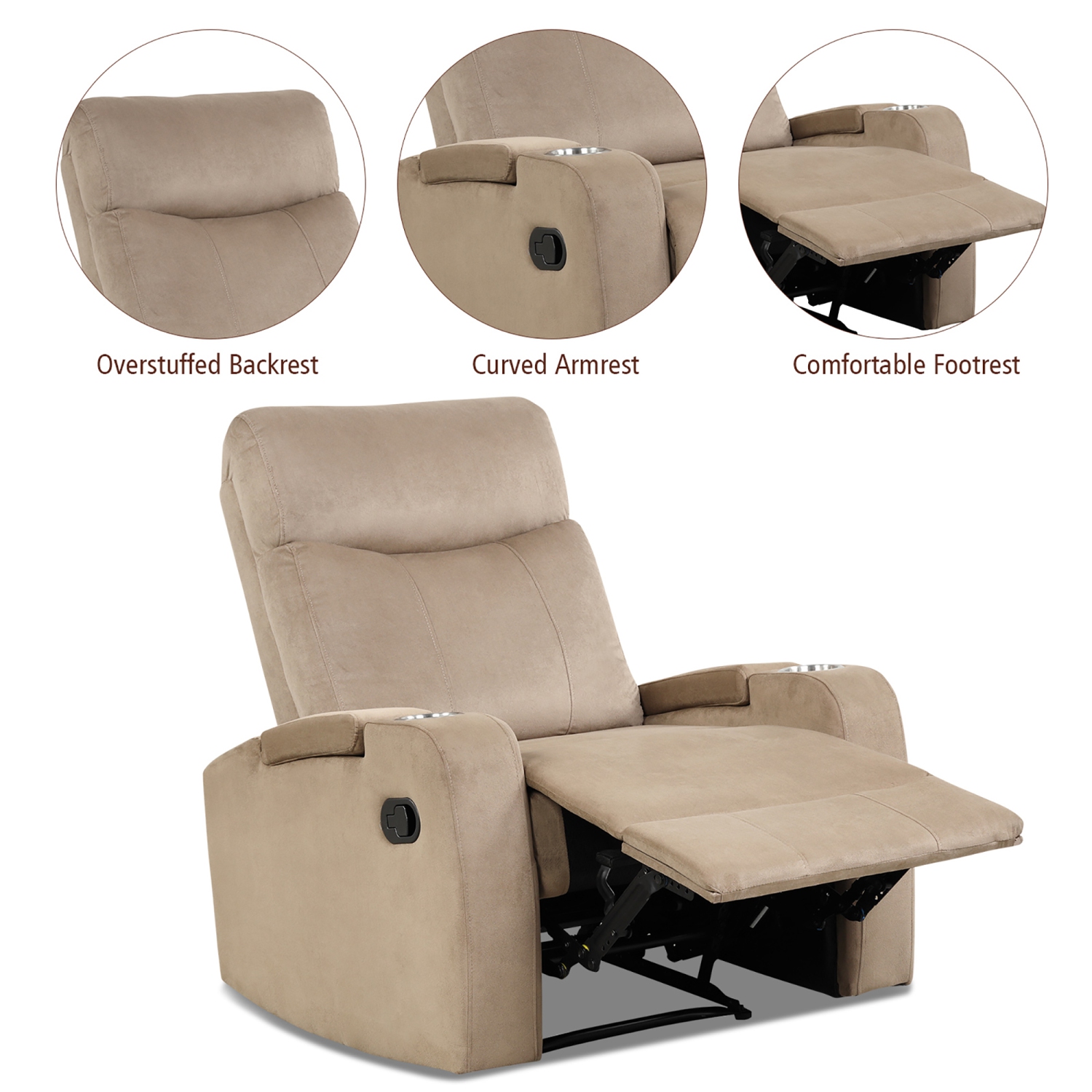 Fauteuil inclinable simple avec rangement pour les bras et porte-gobelet de Costway