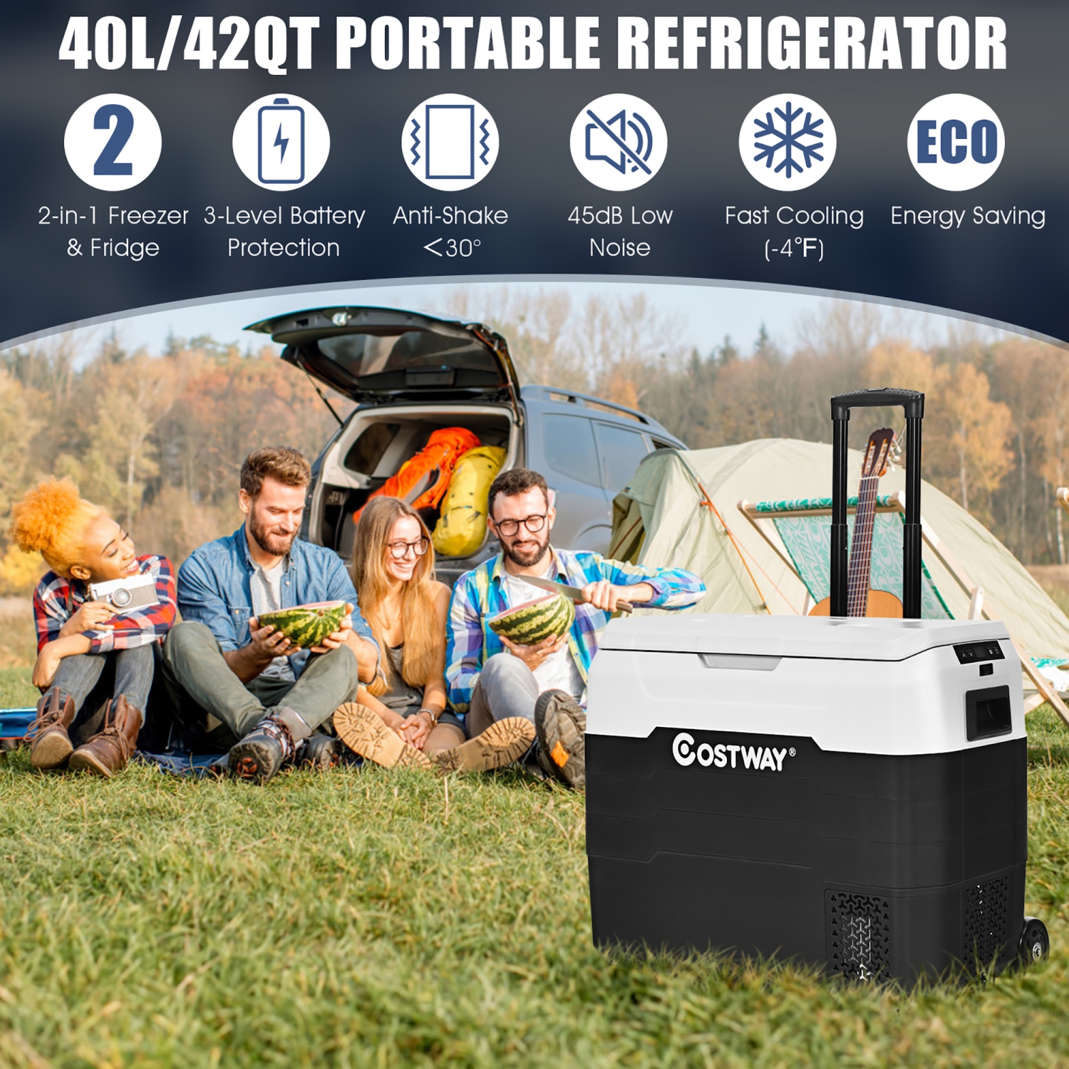 Costway 42 QT Portable Car Refrigerator -4°F to 50°F Dual-Zone Car Cooler