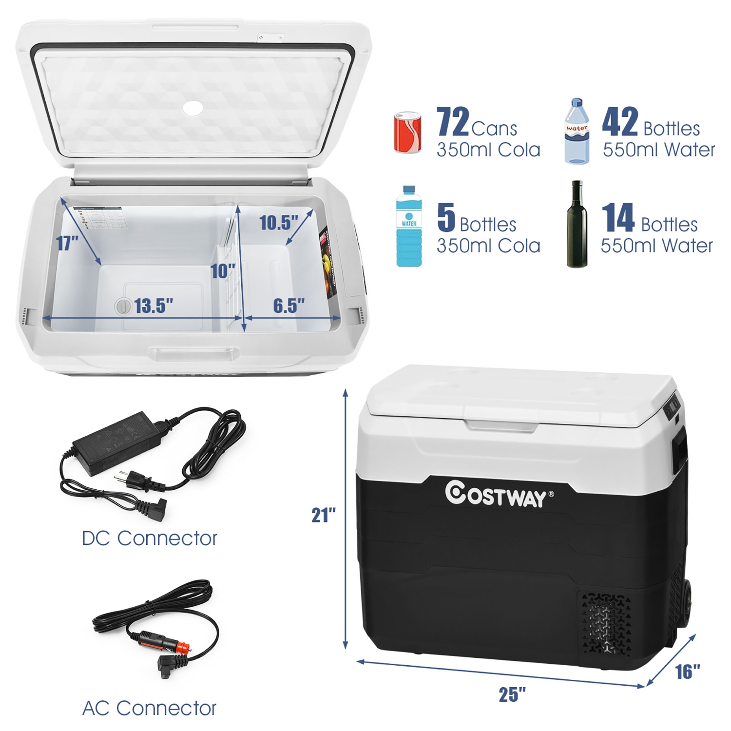 Costway 42 QT Portable Car Refrigerator -4°F to 50°F Dual-Zone Car Cooler