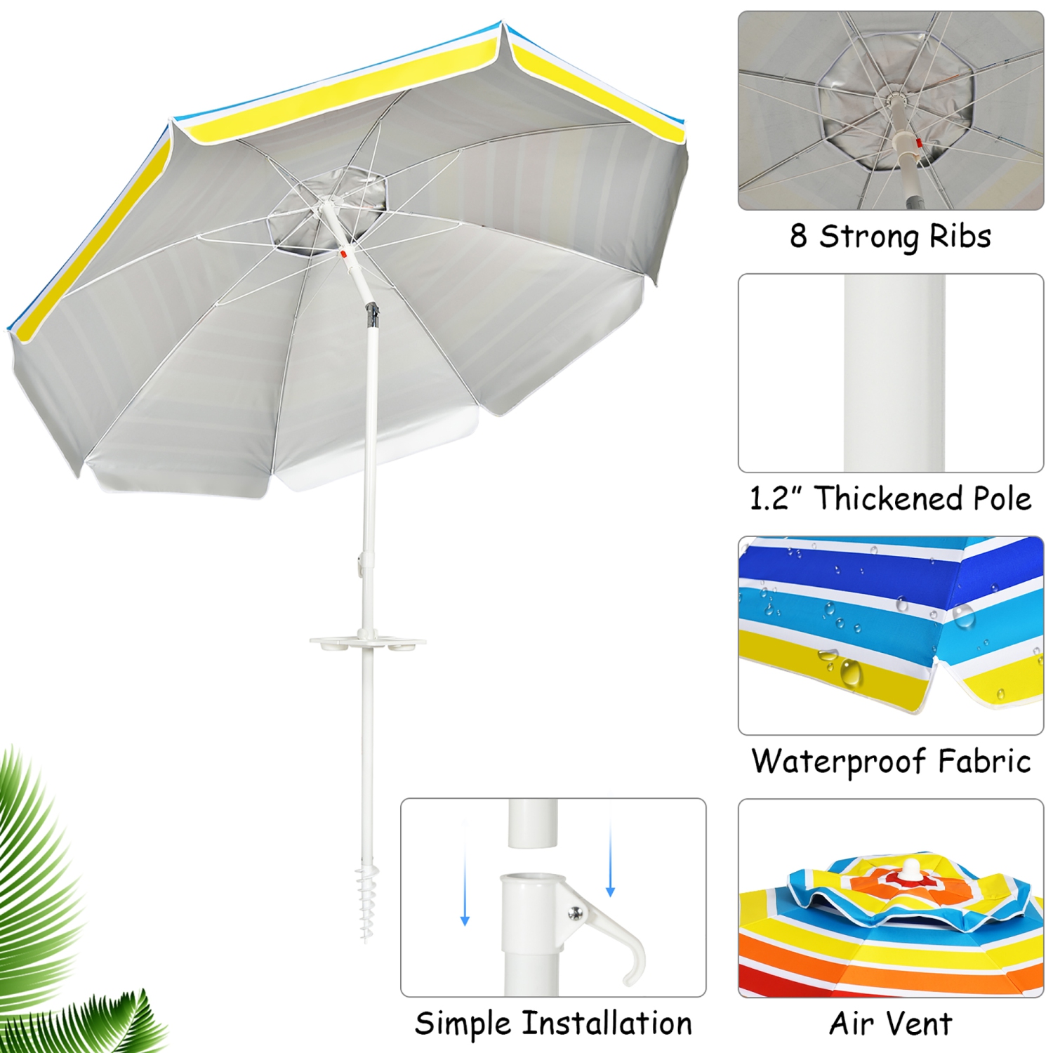 Costway 7.2 FT Portable Beach Umbrella Tilt Sand Anchor Cup Holder W/Carry Bag