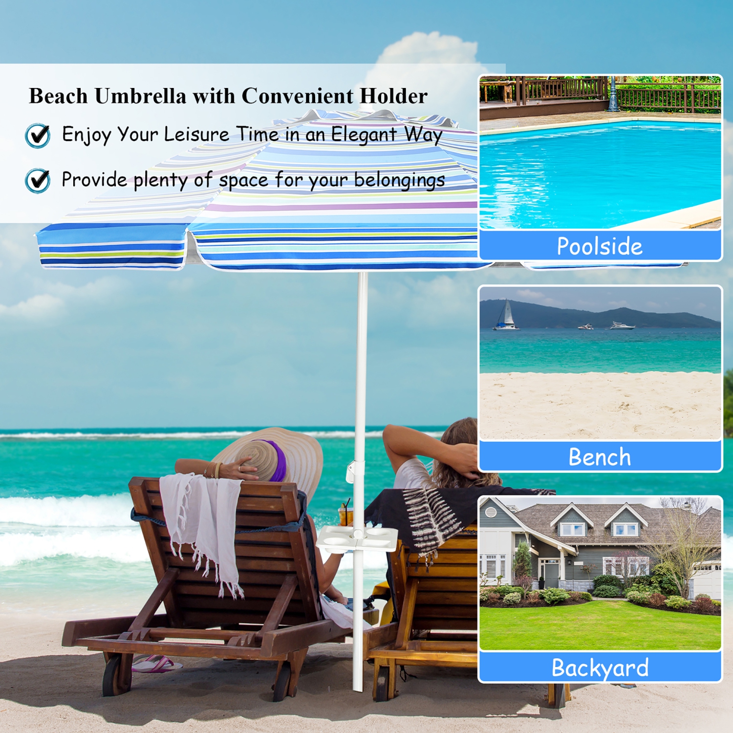 Costway 7.2 FT Portable Beach Umbrella Tilt Sand Anchor Cup Holder W/Carry Bag