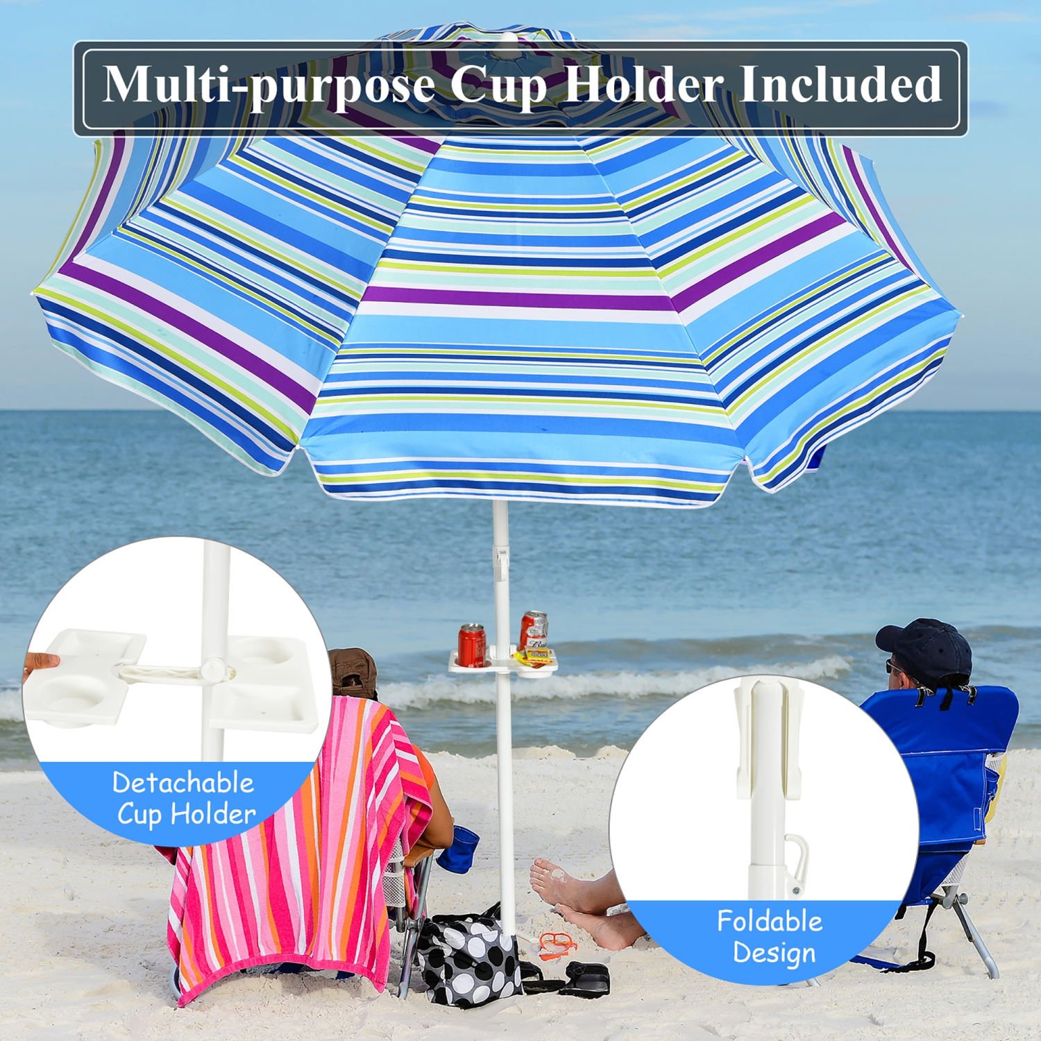 Costway 7.2 FT Portable Beach Umbrella Tilt Sand Anchor Cup Holder W/Carry Bag