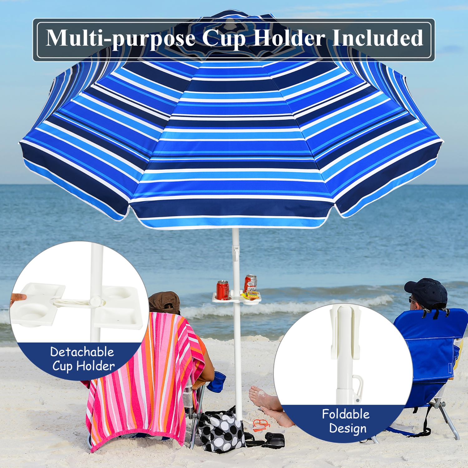 Costway 7.2 FT Portable Beach Umbrella Tilt Sand Anchor Cup Holder W/Carry Bag