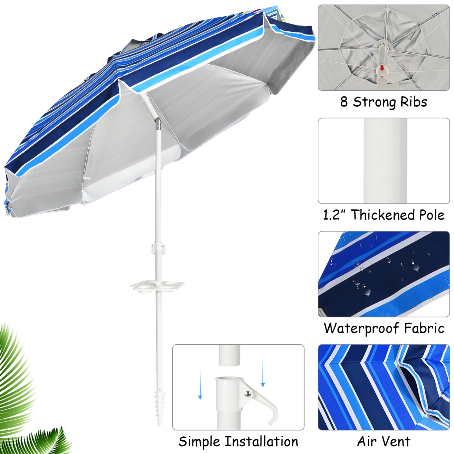 Costway 7.2 FT Portable Beach Umbrella Tilt Sand Anchor Cup Holder W/Carry Bag