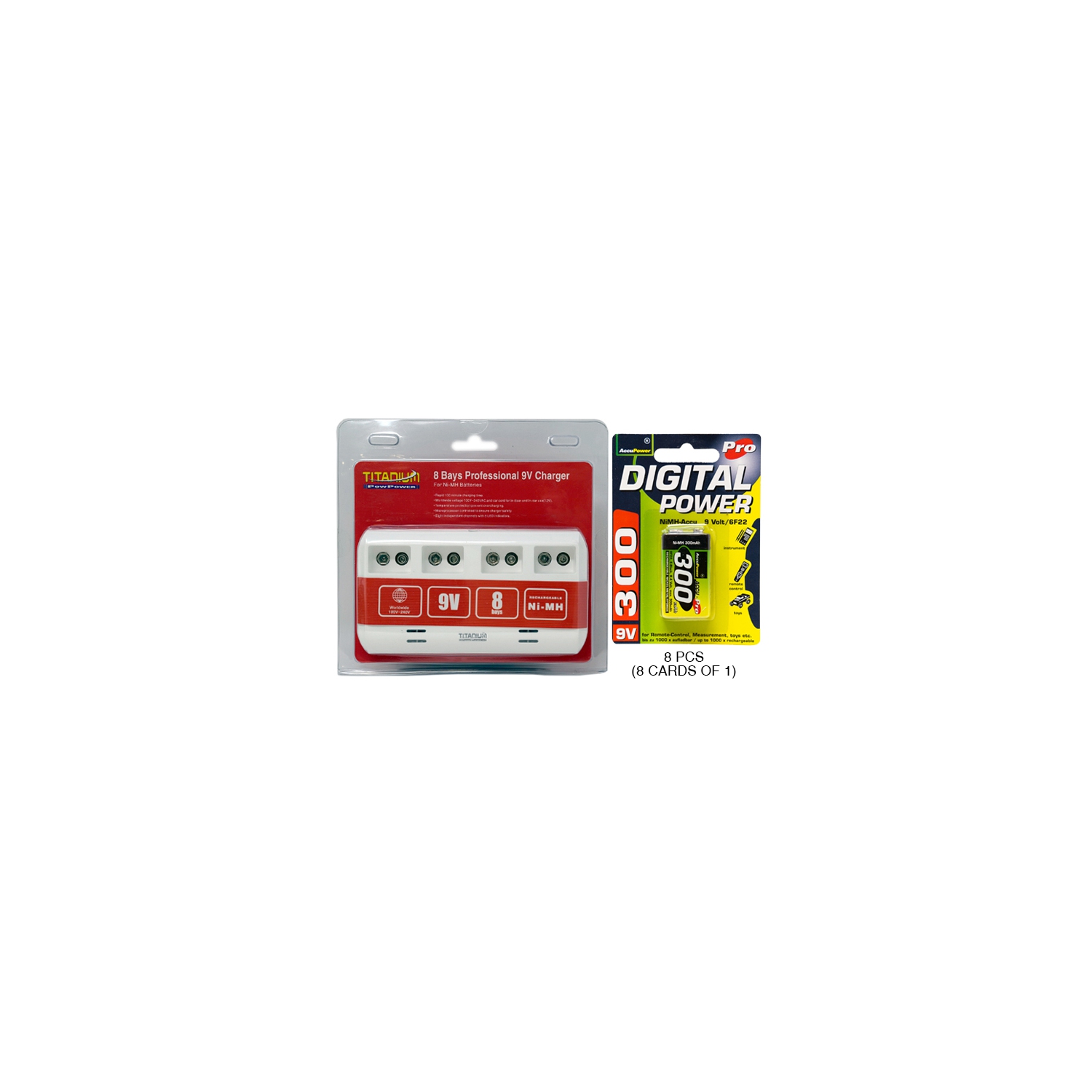 Chargeur intelligent à 8 baies de 9 V + 8 batteries NiMH AccuPower de 9 V