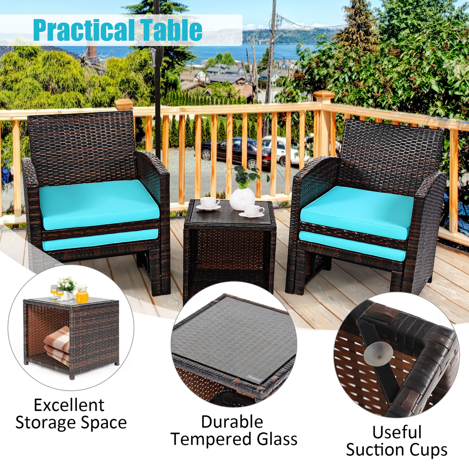 Costway 5PCS Patio Rattan Wicker Furniture Set Sofa Ottoman Cushion Turquoise
