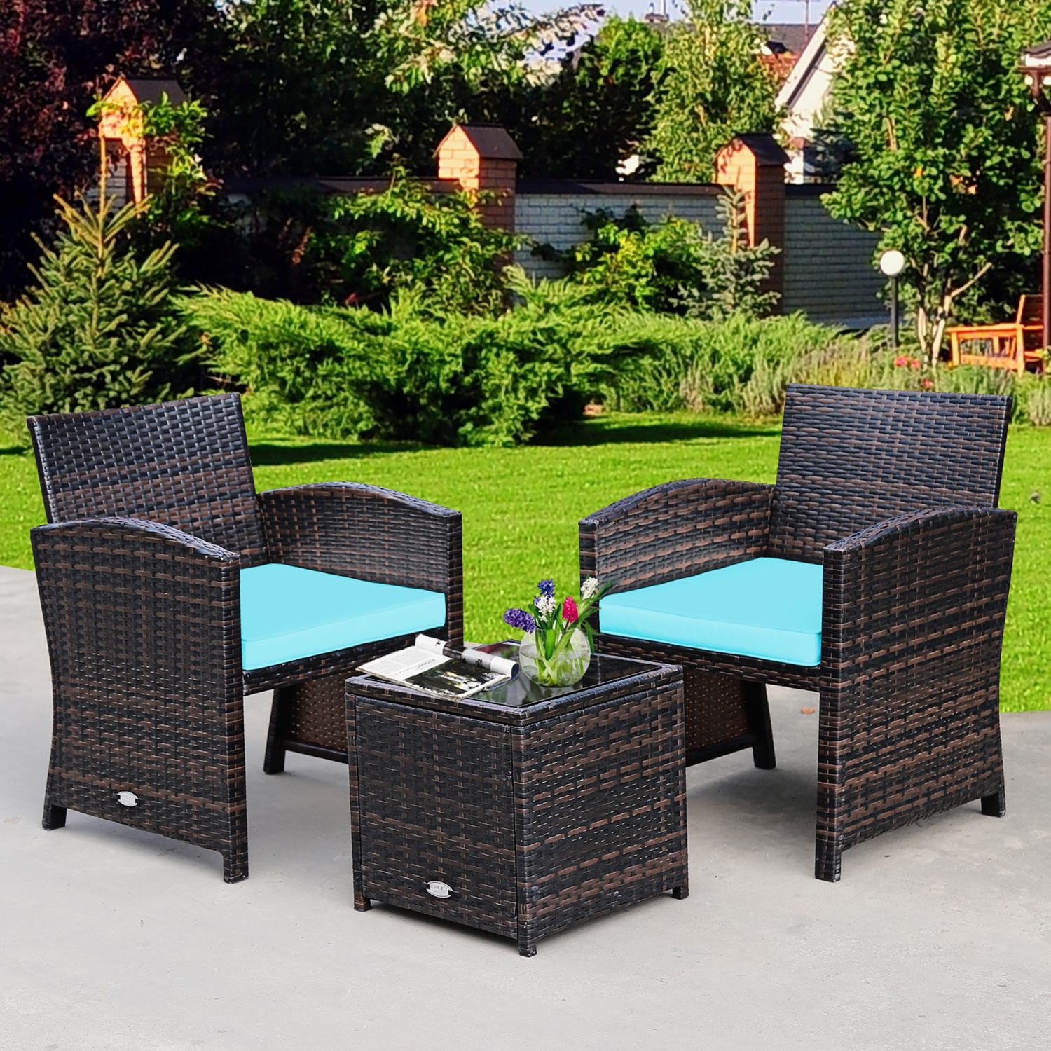 Costway 3PCS Patio Rattan Wicker Furniture Cushion Sofa Coffee Table