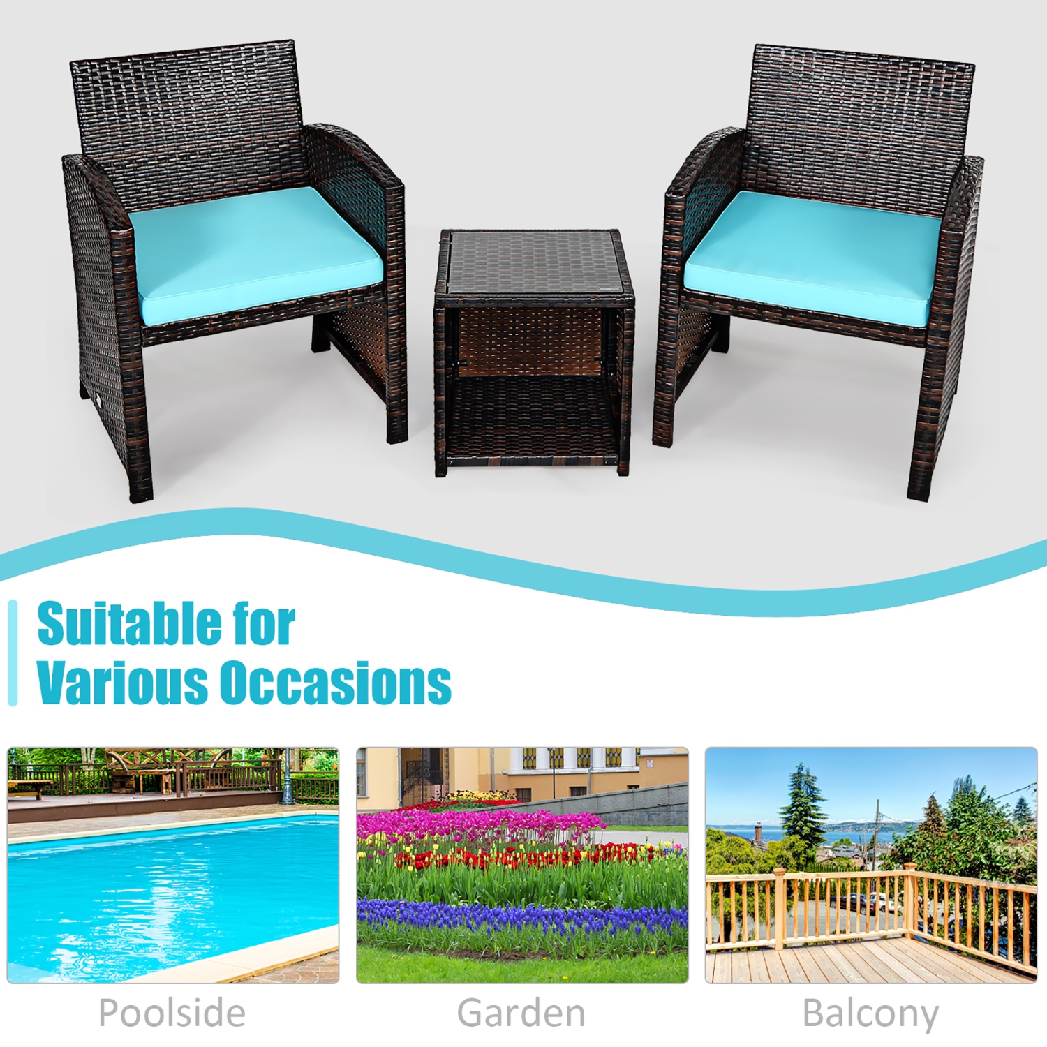 Costway 3PCS Patio Rattan Wicker Furniture Cushion Sofa Coffee Table