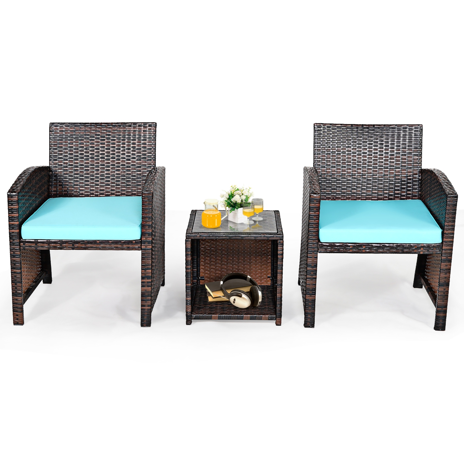 Costway 3PCS Patio Rattan Wicker Furniture Cushion Sofa Coffee Table