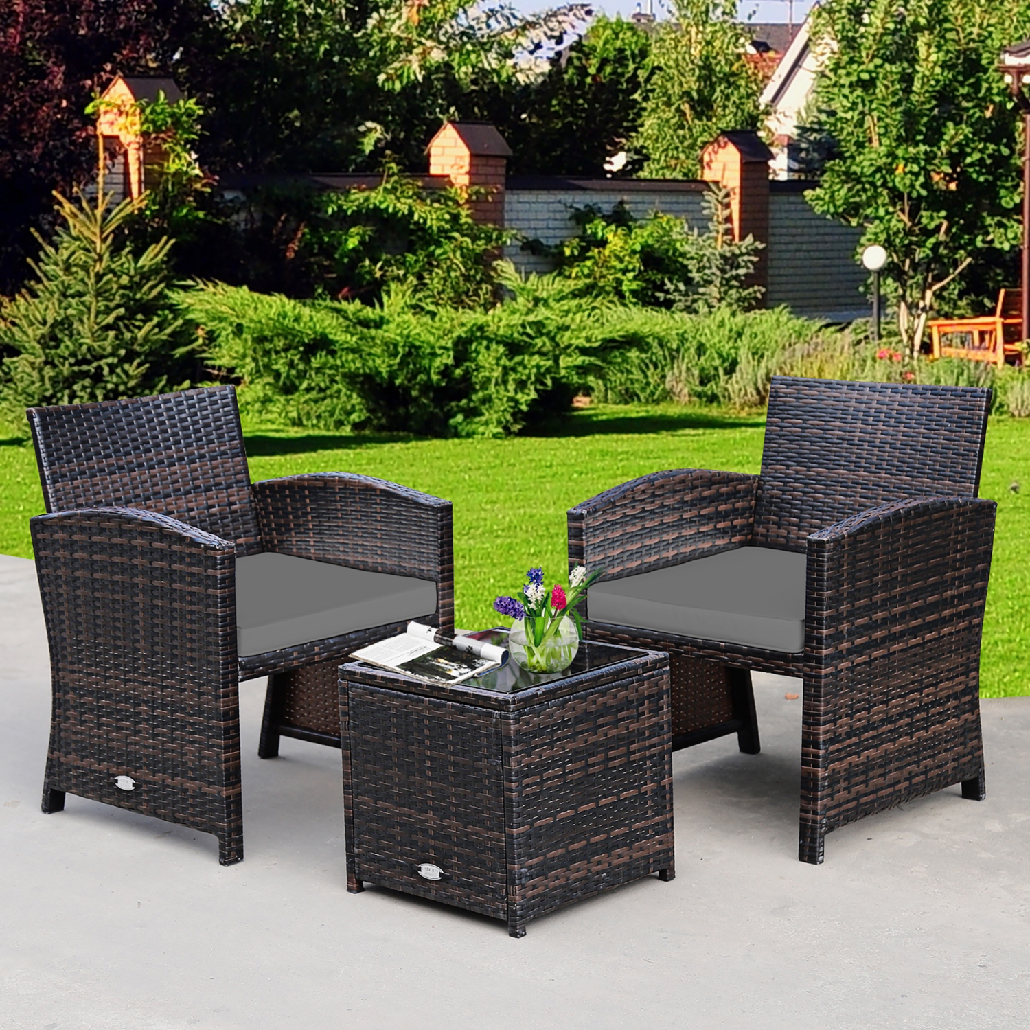 Costway 3PCS Patio Rattan Wicker Furniture Cushion Sofa Coffee Table