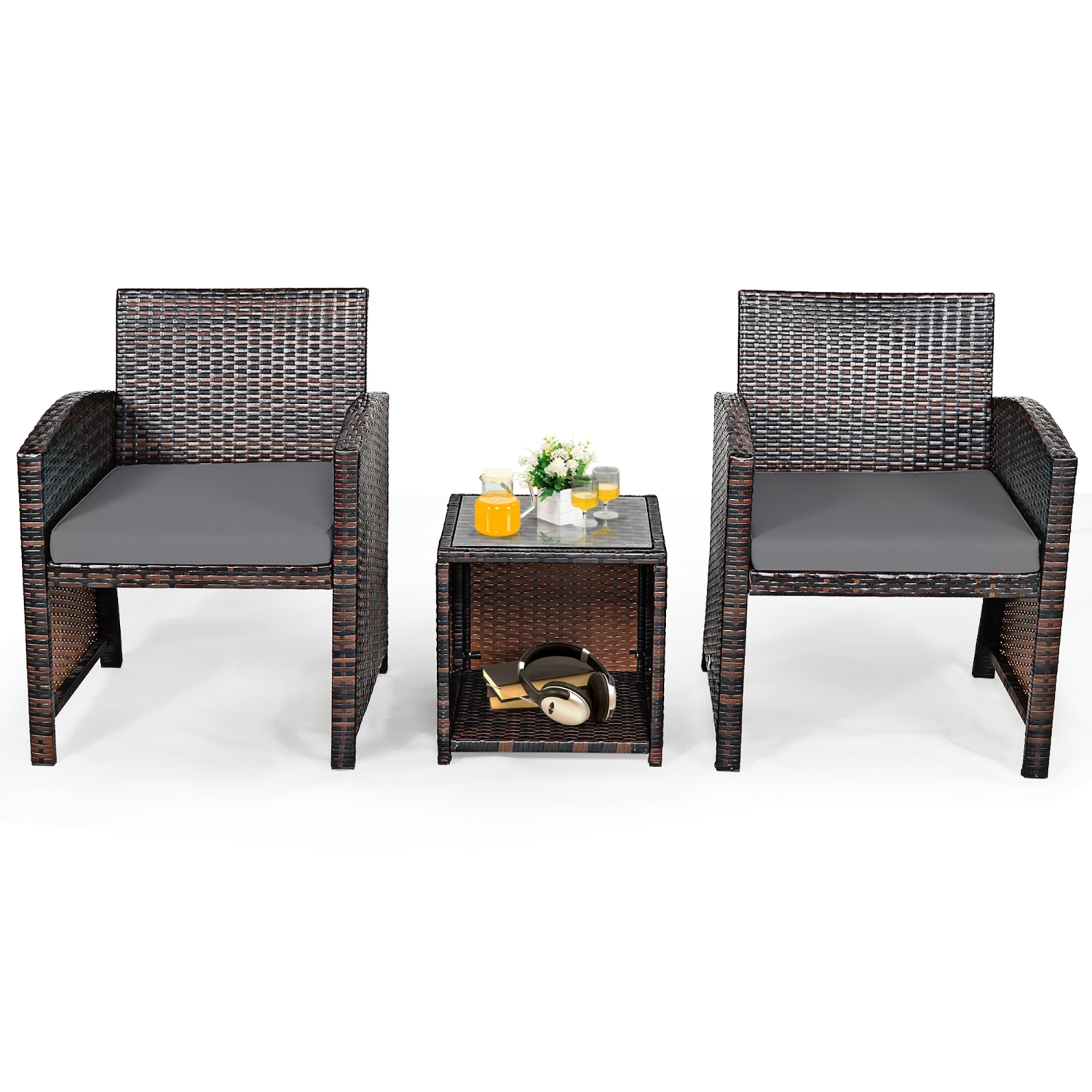 Costway 3PCS Patio Rattan Wicker Furniture Cushion Sofa Coffee Table
