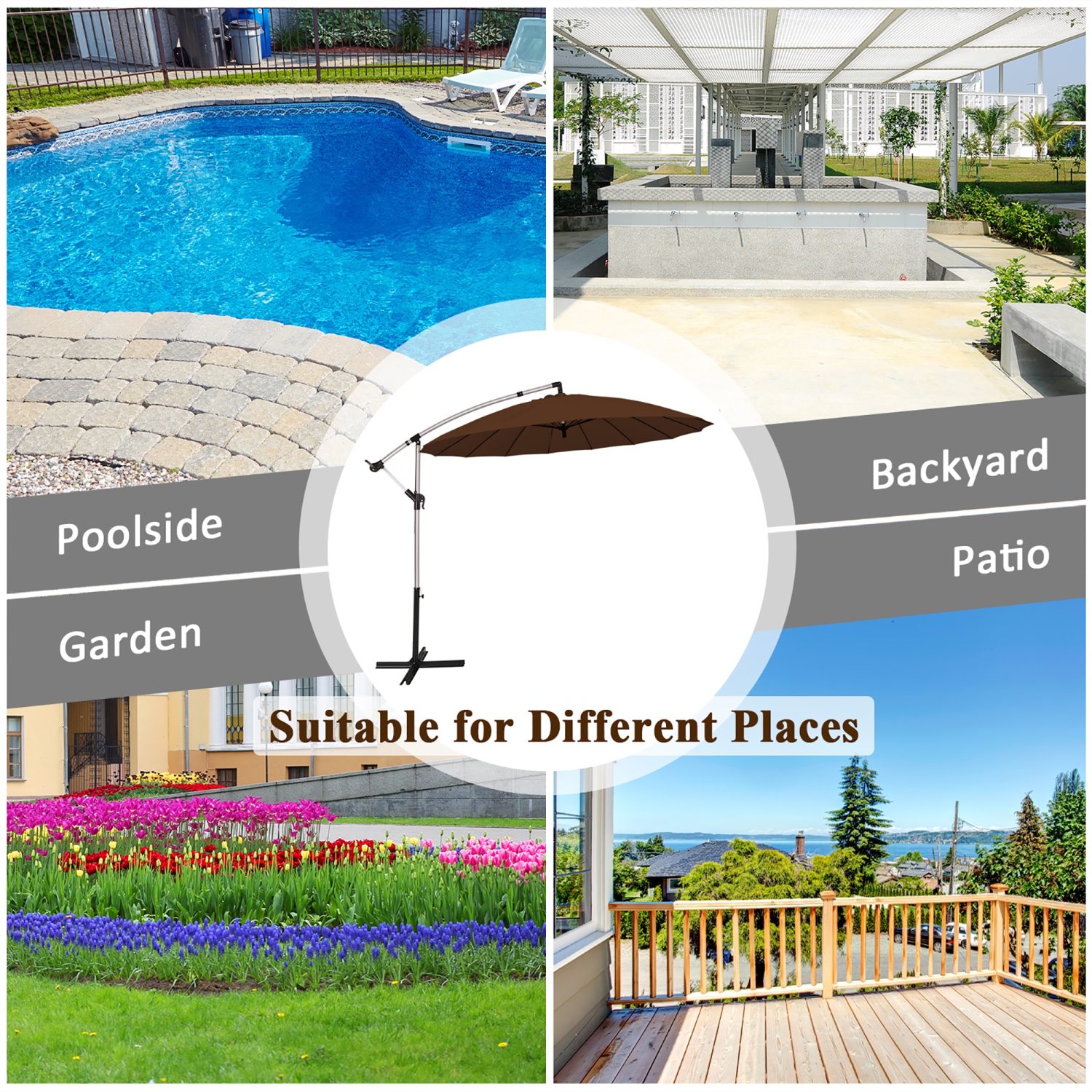 Parapluie offset patio de 10 pieds avec manivelle et base transversale Aluminium Bourgogne Beige Tan