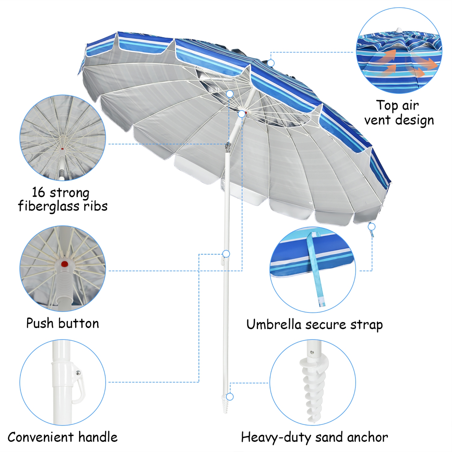 Costway 8 FT Beach Umbrella Outdoor Tilt Sunshade Sand Anchor W/Carry Bag