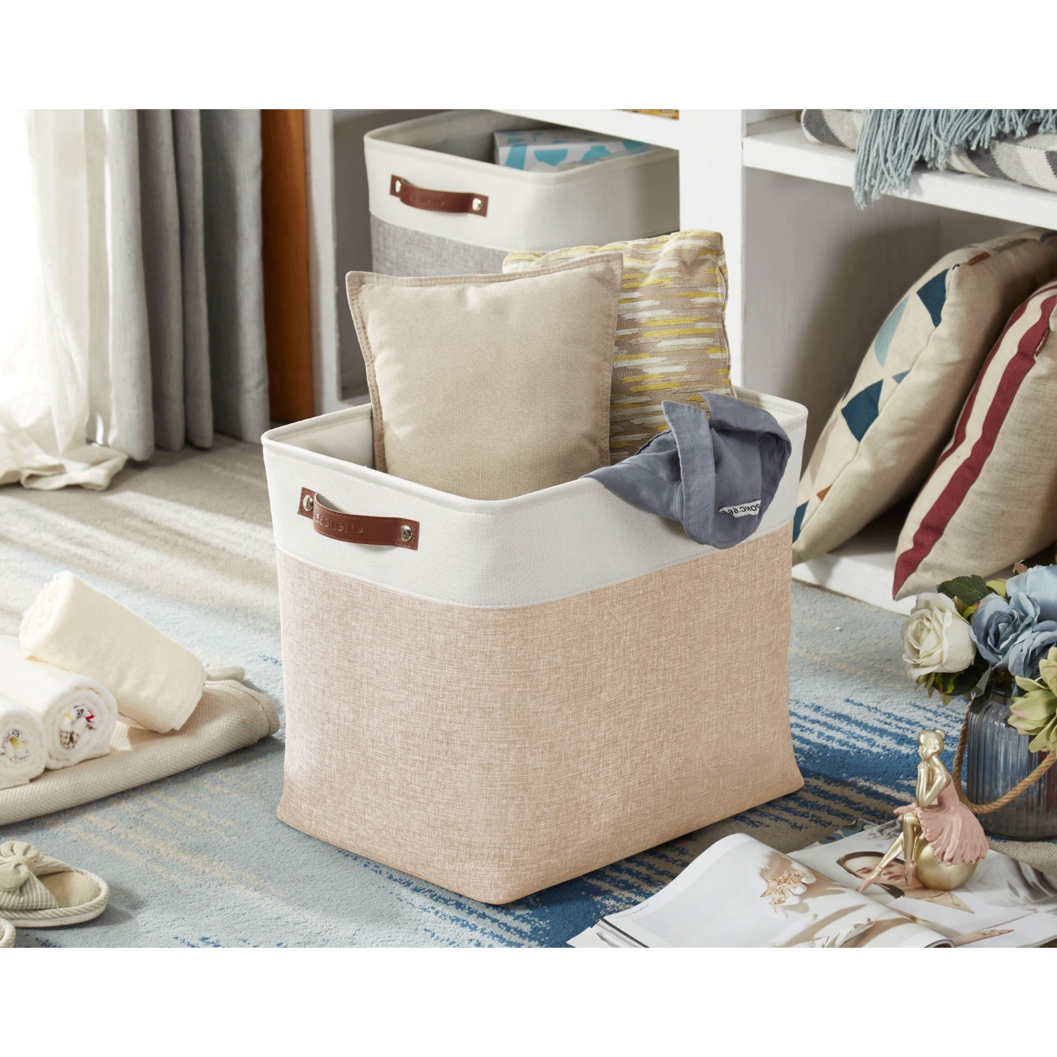 DECOMOMO Fordable Storage Bin - Collapsible Sturdy Cationic Fabric Basket W/Handles for Organizing Shelf Nursery Home Closet |17(L) x 13(W) x 15(H)”