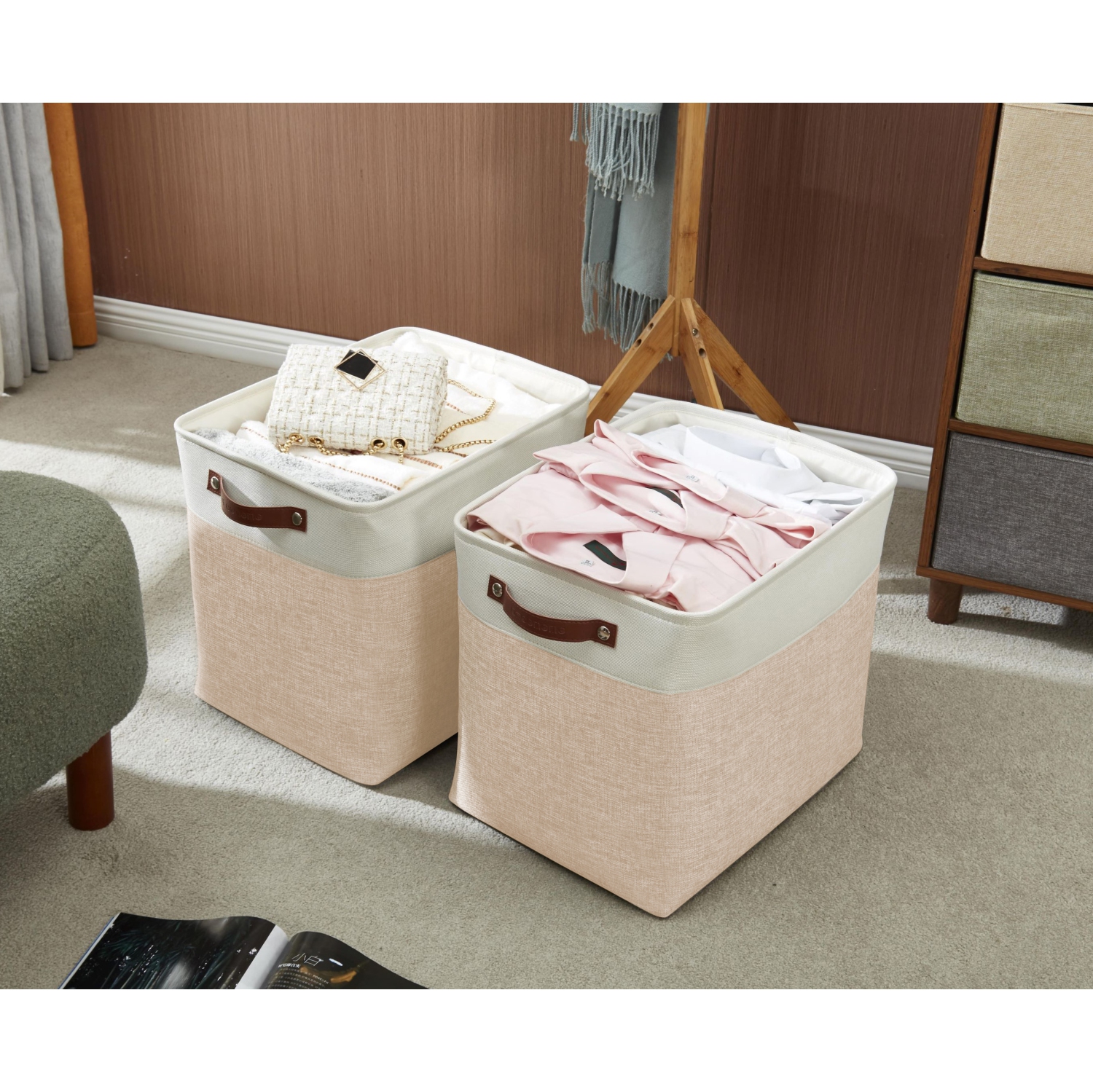 DECOMOMO Fordable Storage Bin - Collapsible Sturdy Cationic Fabric Basket W/Handles for Organizing Shelf Nursery Home Closet |17(L) x 13(W) x 15(H)”