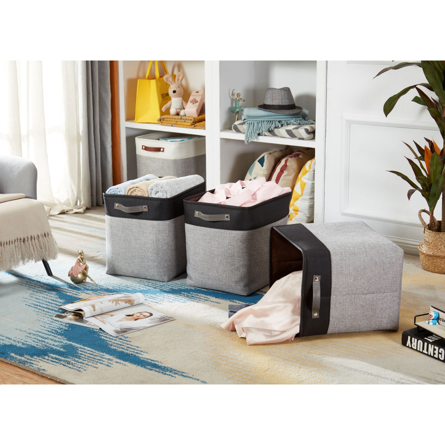 DECOMOMO Fordable Storage Bin - Collapsible Sturdy Cationic Fabric Basket W/Handles for Organizing Shelf Nursery Home Closet |17(L) x 13(W) x 15(H)”