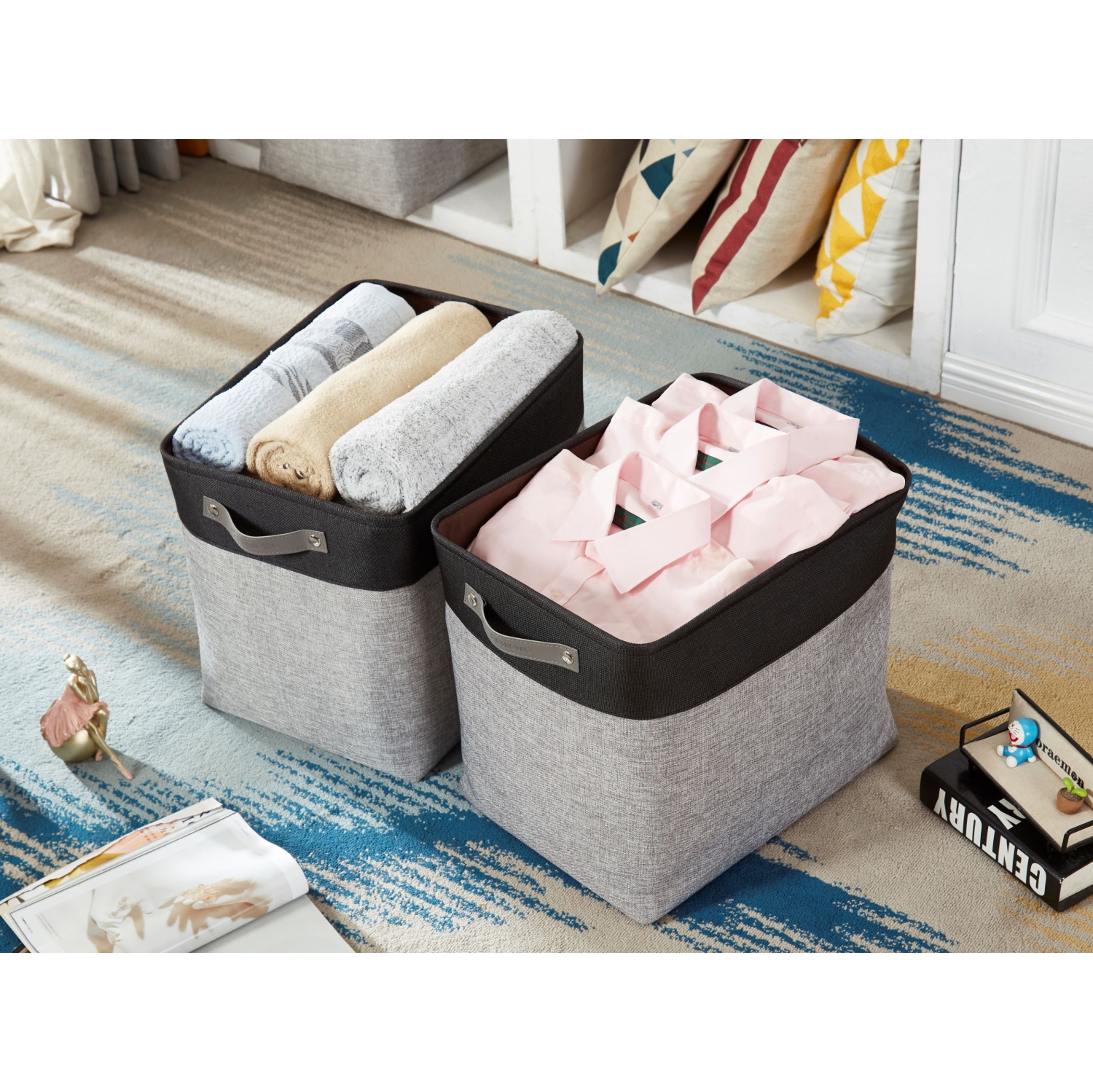 DECOMOMO Fordable Storage Bin - Collapsible Sturdy Cationic Fabric Basket W/Handles for Organizing Shelf Nursery Home Closet |17(L) x 13(W) x 15(H)”