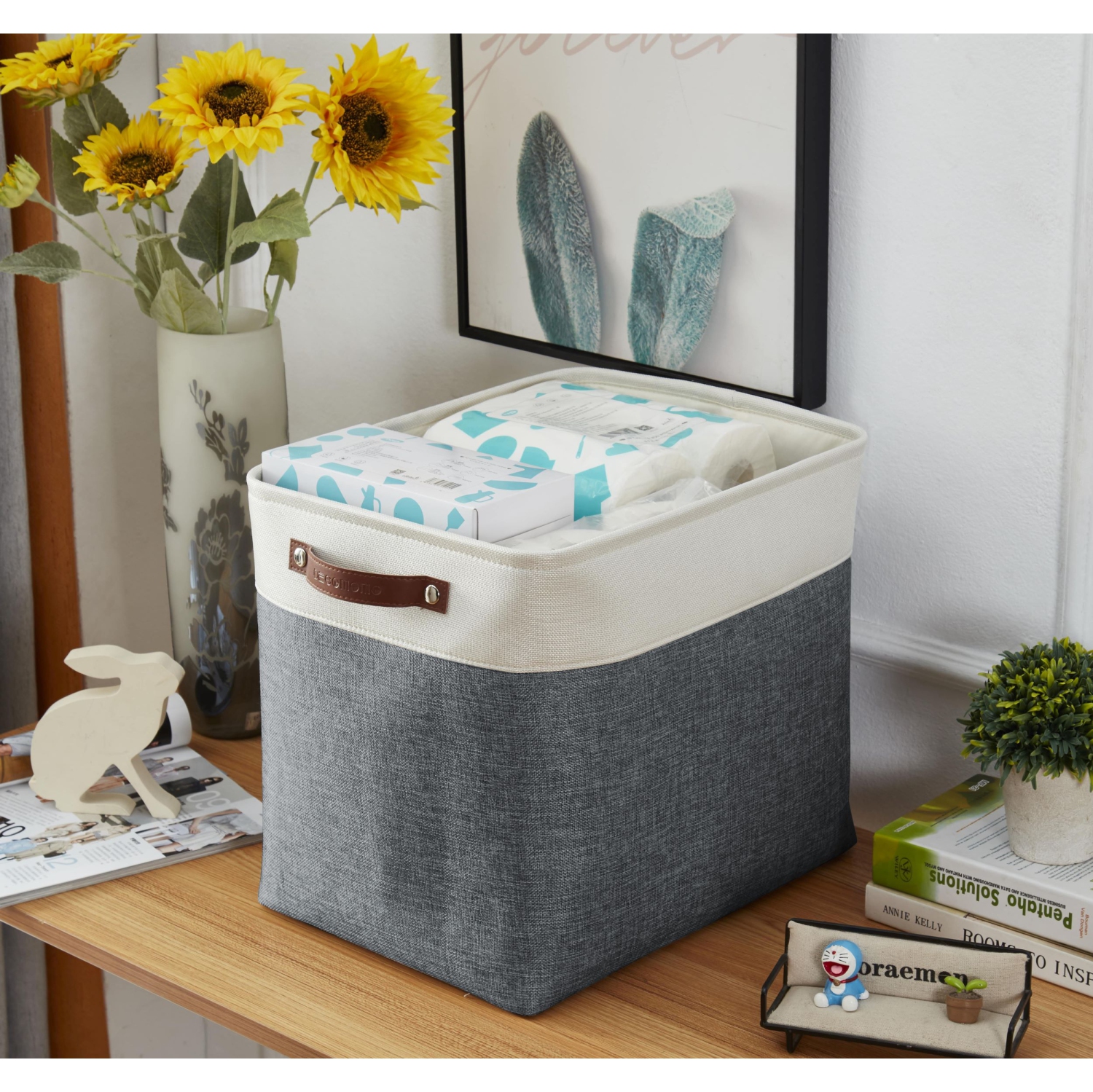 Bac de rangement ordonné DECOMOMO – Panier en tissu robuste et repliable avec poignées pour organiser la chambre de bébé |17 x 13 (L) x 15 (H) po |