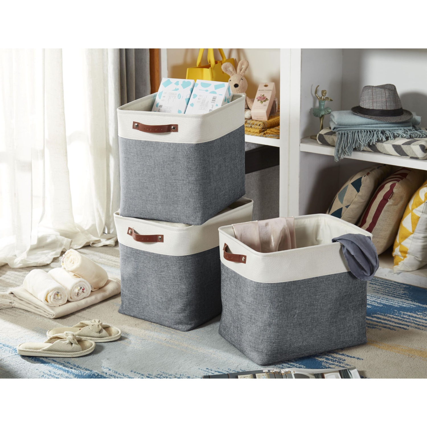 Bac de rangement ordonné DECOMOMO – Panier en tissu robuste et repliable avec poignées pour organiser la chambre de bébé |17 x 13 (L) x 15 (H) po |