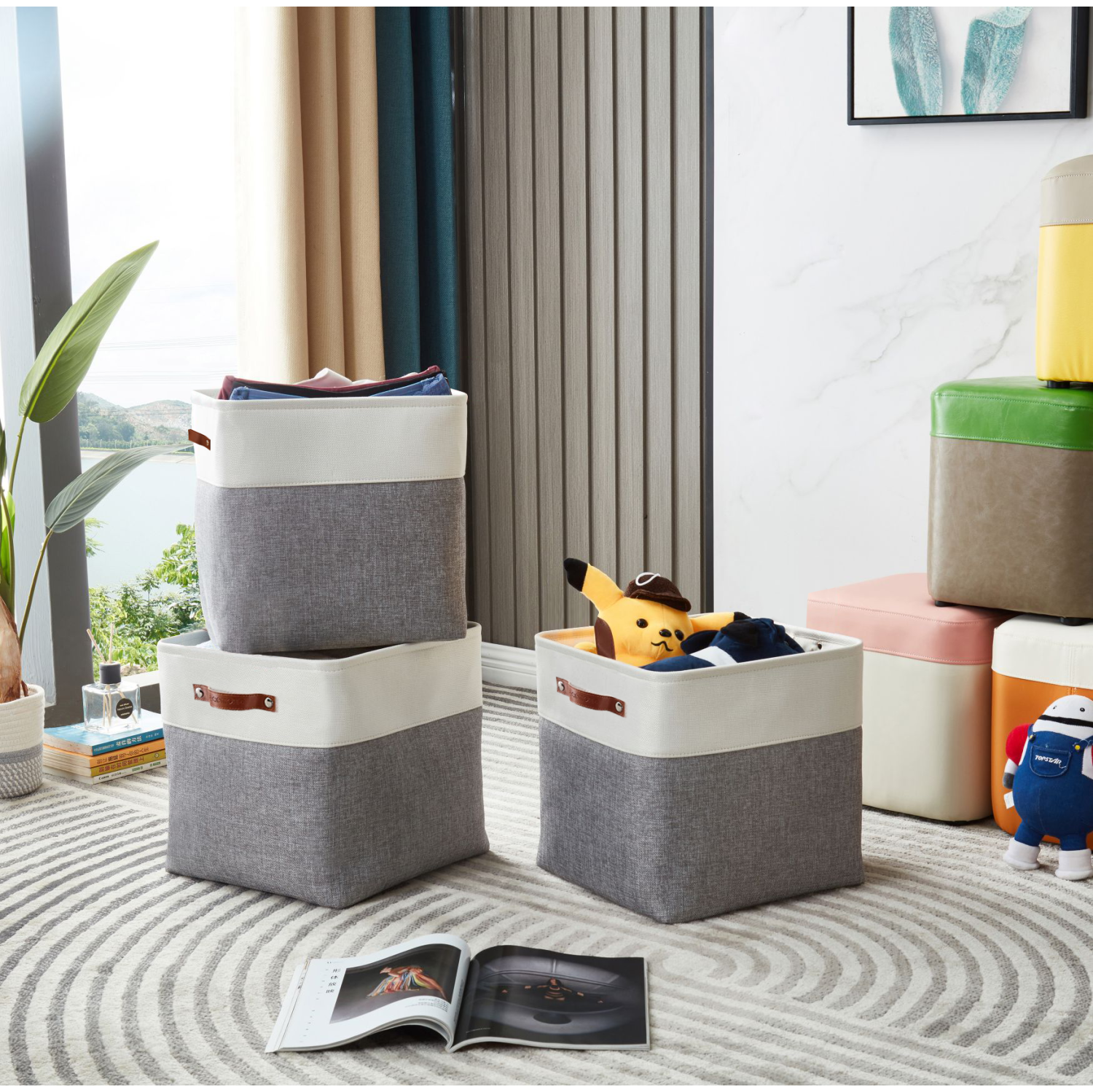 Bac de rangement pliable avec porte-étiquettes de DECOMOMO - Panier en tissu robuste et repliable avec poignées pour organiser la tablette Garde-robe