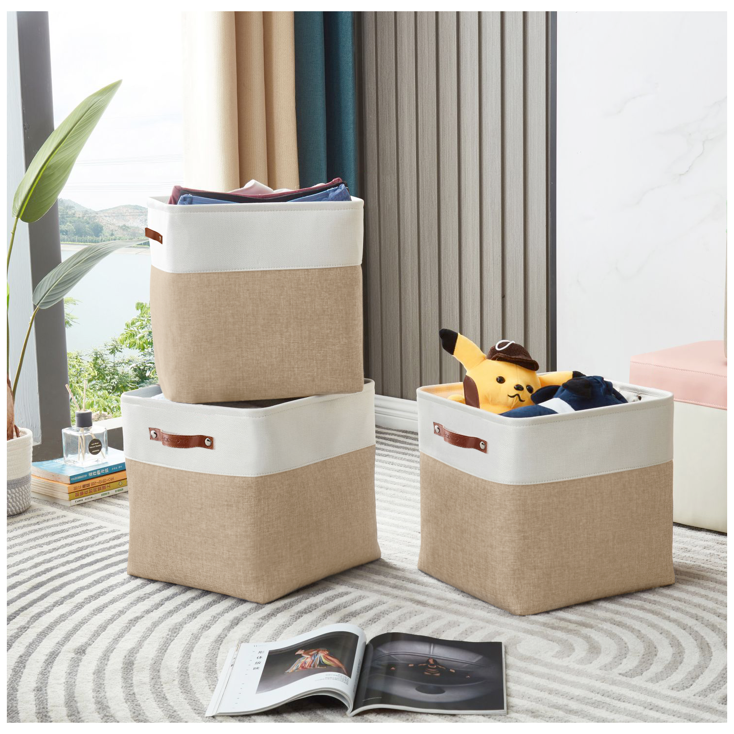 DECOMOMO Fordable Storage Bin - Collapsible Sturdy Cationic Fabric Basket W/Handles for Organizing Shelf Nursery Home Closet |13 x 13 x 13" |4 Packs