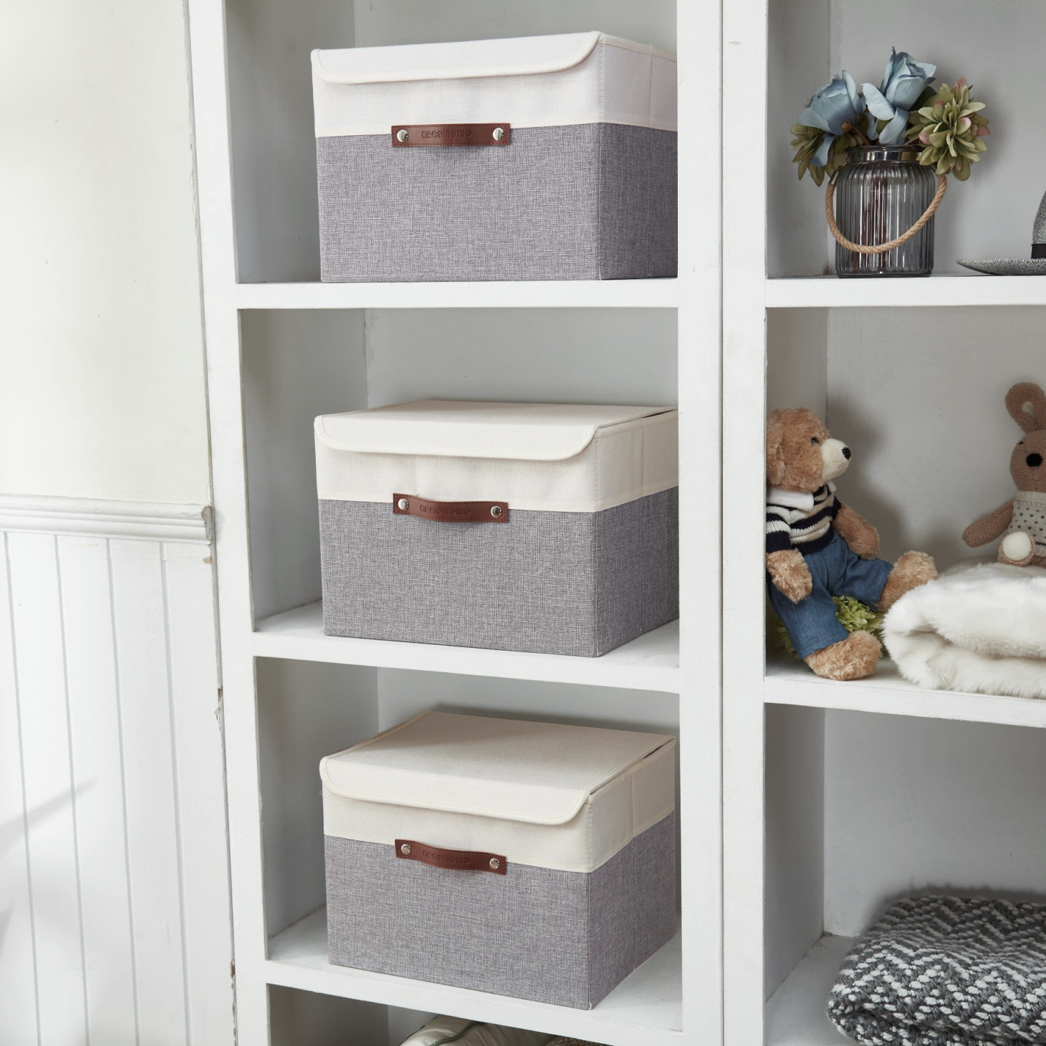 DECOMOMO Collapsible Storage Bin with Lid [3-Pack] Sturdy Cationic Fabric Basket W/Handles for Organizing Shelf Nursery Home Closet |15 x 11 x 11"