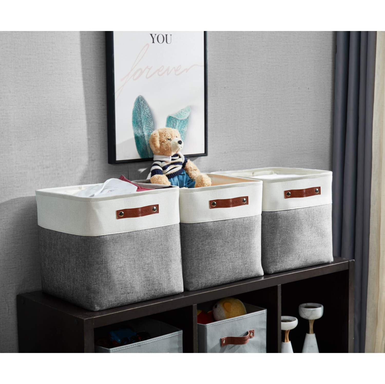 DECOMOMO Foldable Storage Bin With Label Holders - Collapsible Sturdy Cationic Fabric Basket W/Handles for Organizing Shelf Nursery Home Closet | 11