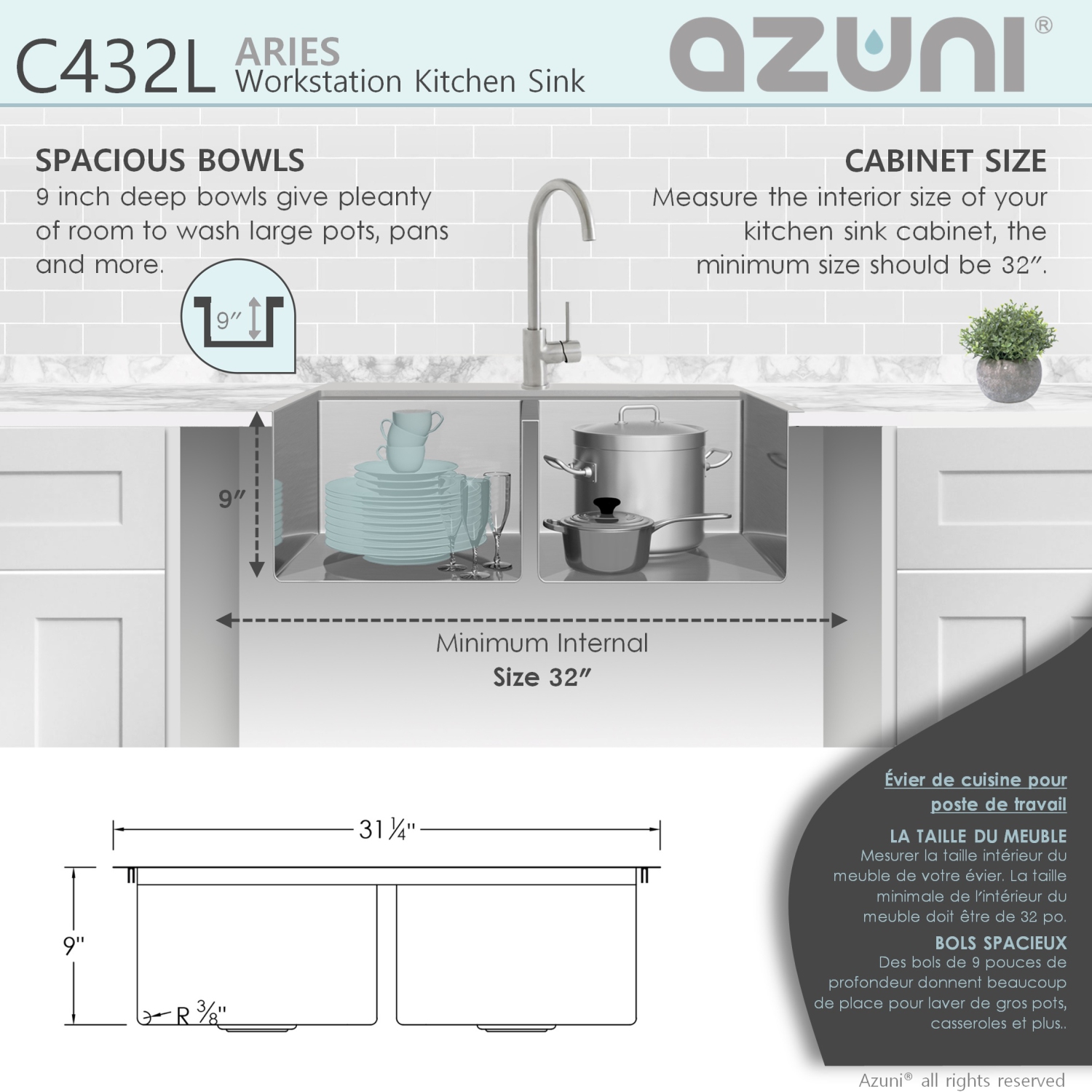 AZUNI 30”L x 20.5”W Top mount double Bowl Stainless Steel Ledge Workstation Kitchen Sink