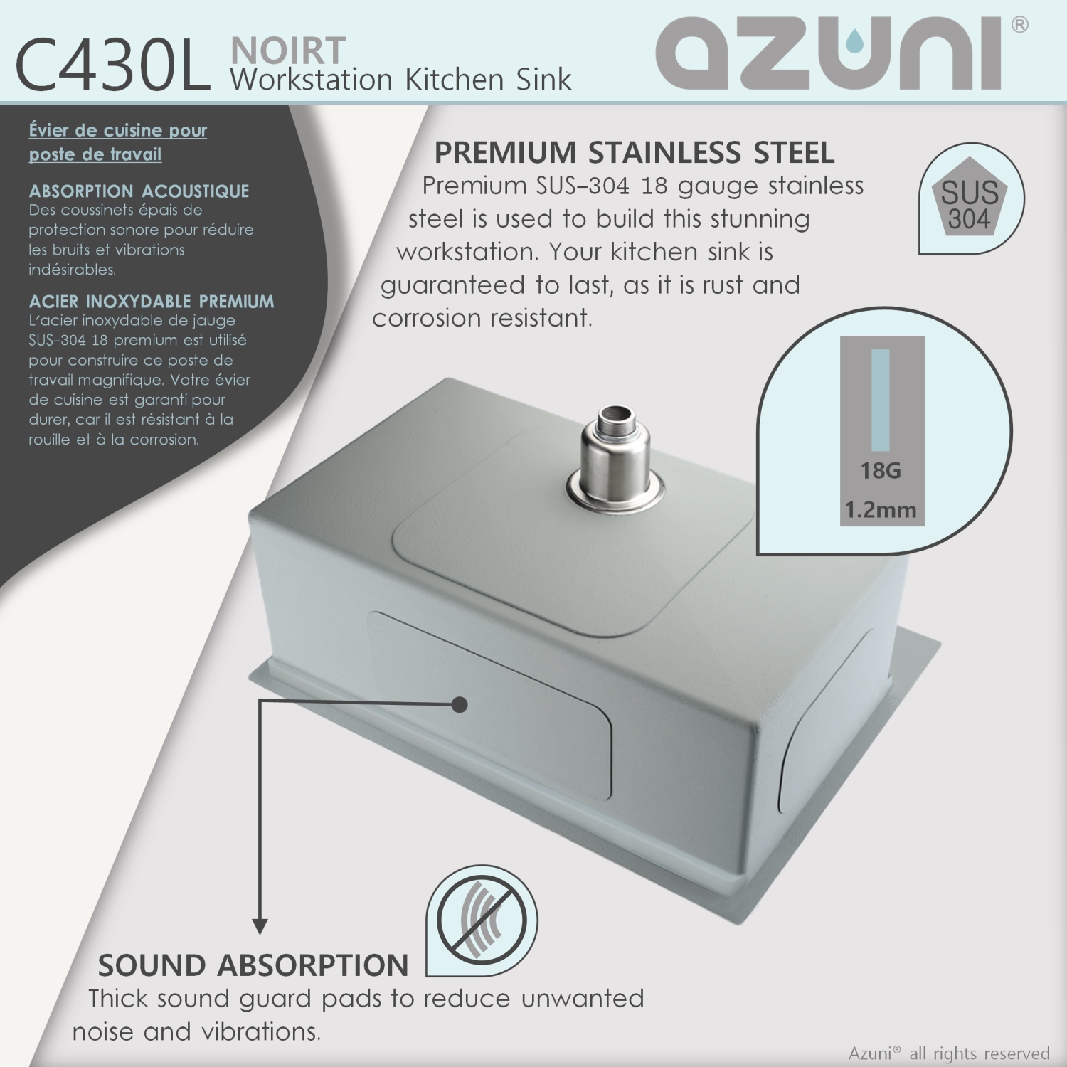 AZUNI 30”L x 20.5”W Top mount Single Bowl Stainless Steel Ledge Workstation Kitchen Sink