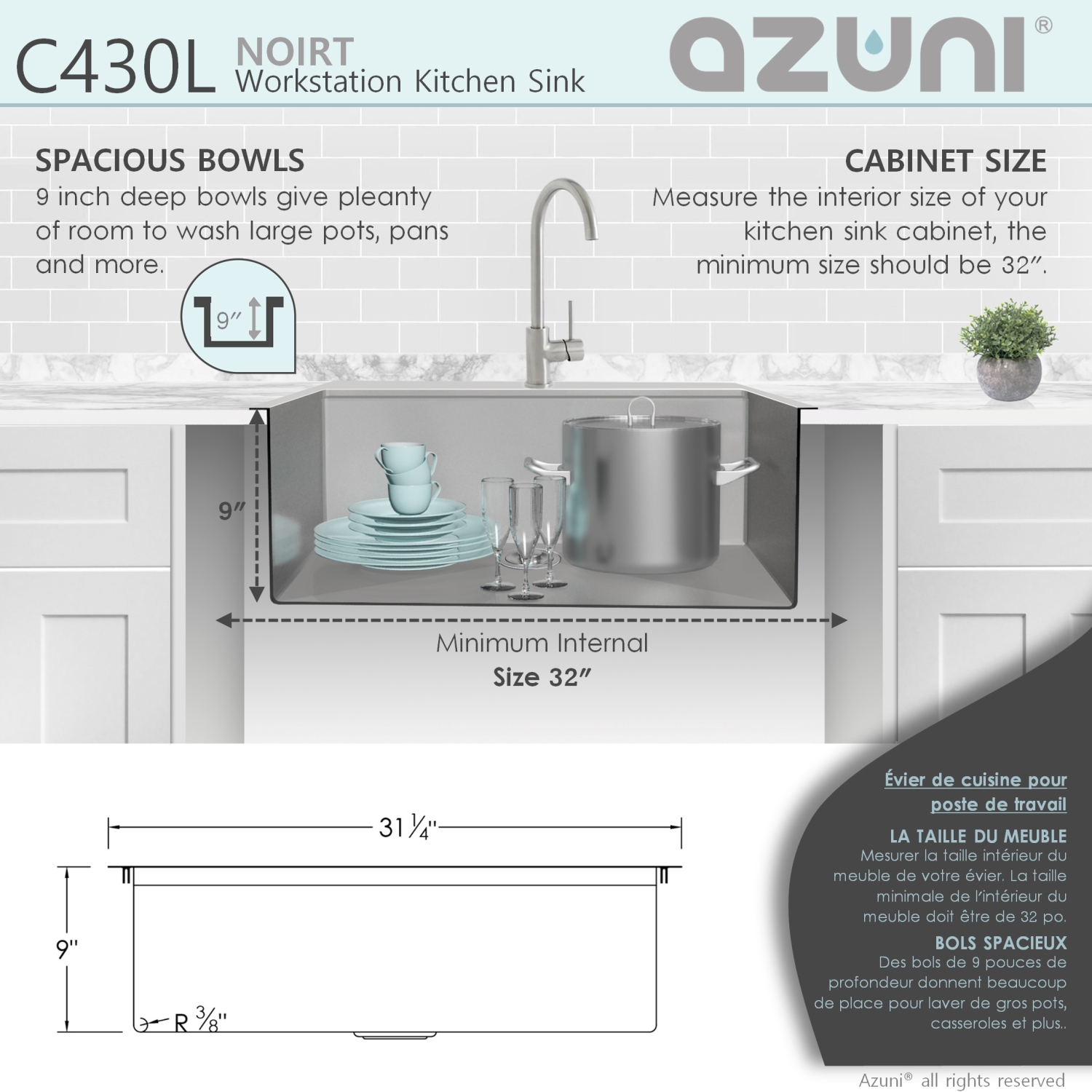 AZUNI 30”L x 20.5”W Top mount Single Bowl Stainless Steel Ledge Workstation Kitchen Sink