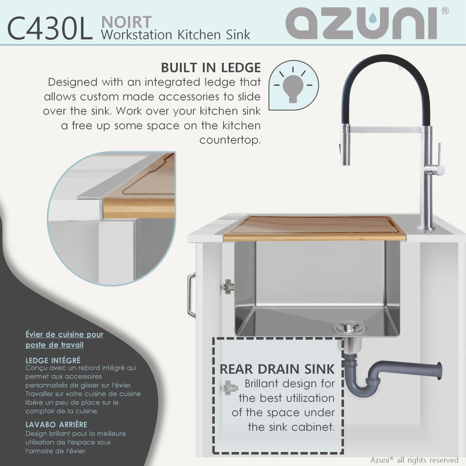 AZUNI 30”L x 20.5”W Top mount Single Bowl Stainless Steel Ledge Workstation Kitchen Sink