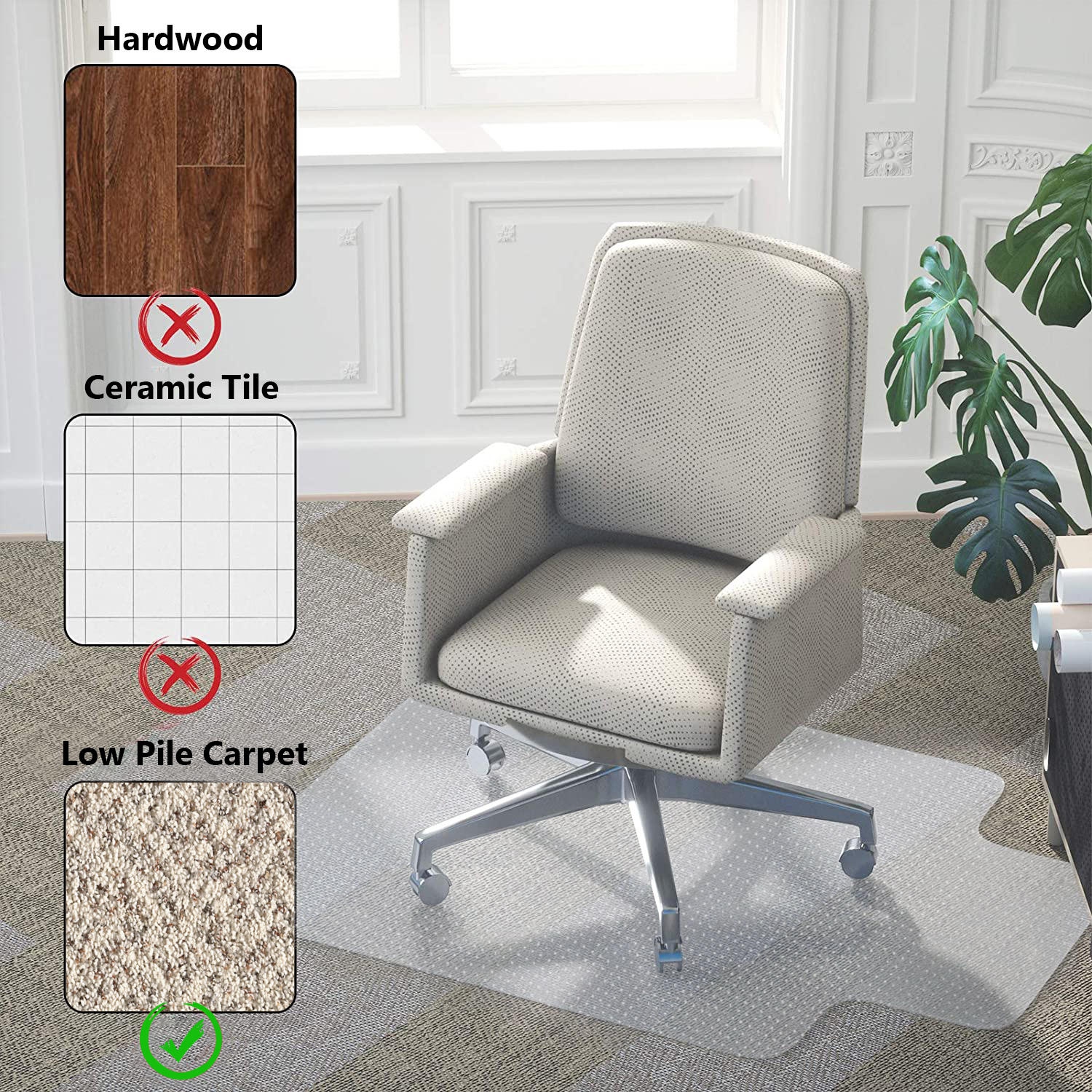 Tapis de chaise de bureau de 30 x 48 po avec rebord pour tapis, tapis protecteur transparent pour chaise avec crampons antidérapants pour planchers