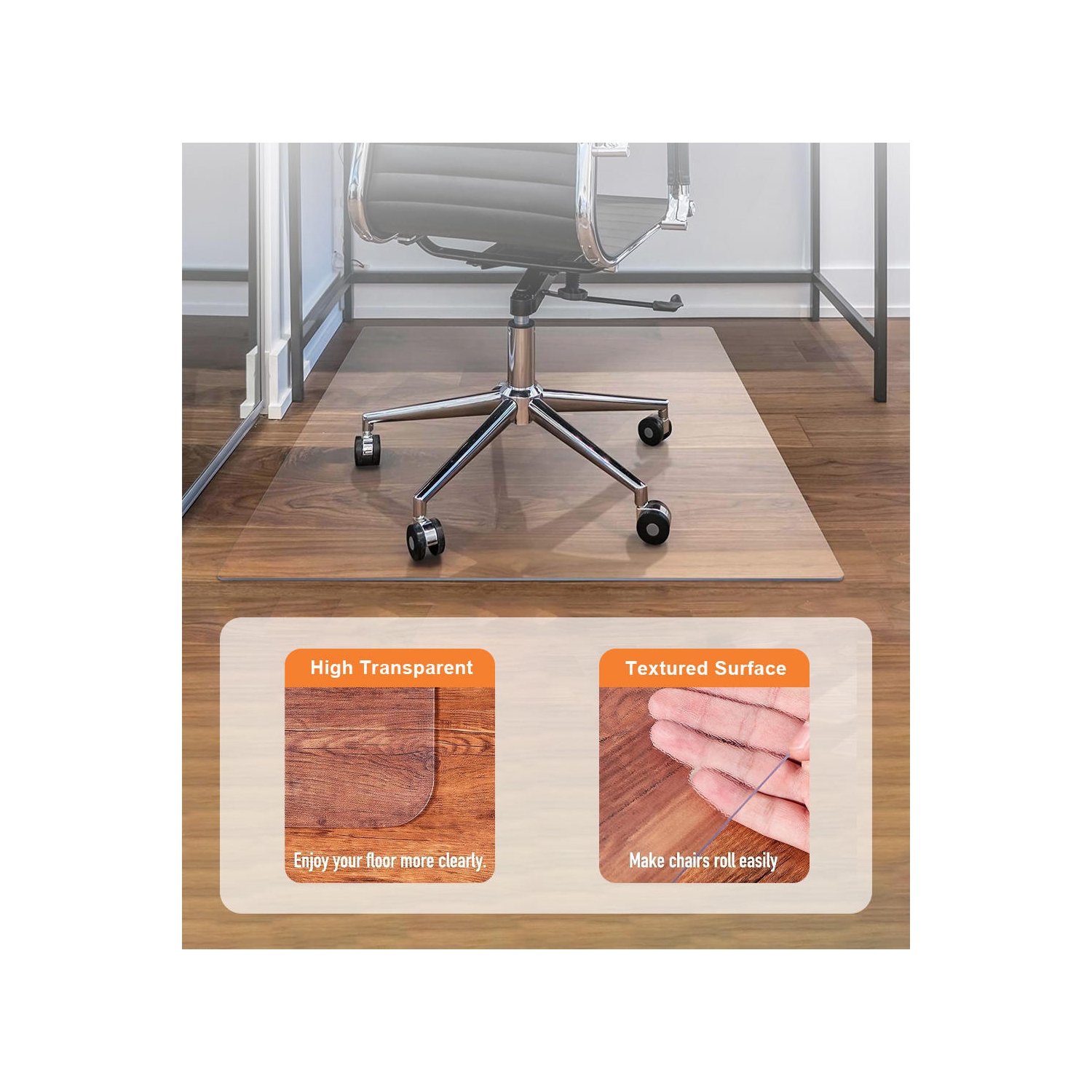 Tapis de chaise de bureau 36 x 48 po, protecteur de plancher en PVC translucide avec antidérapant pour planchers durs