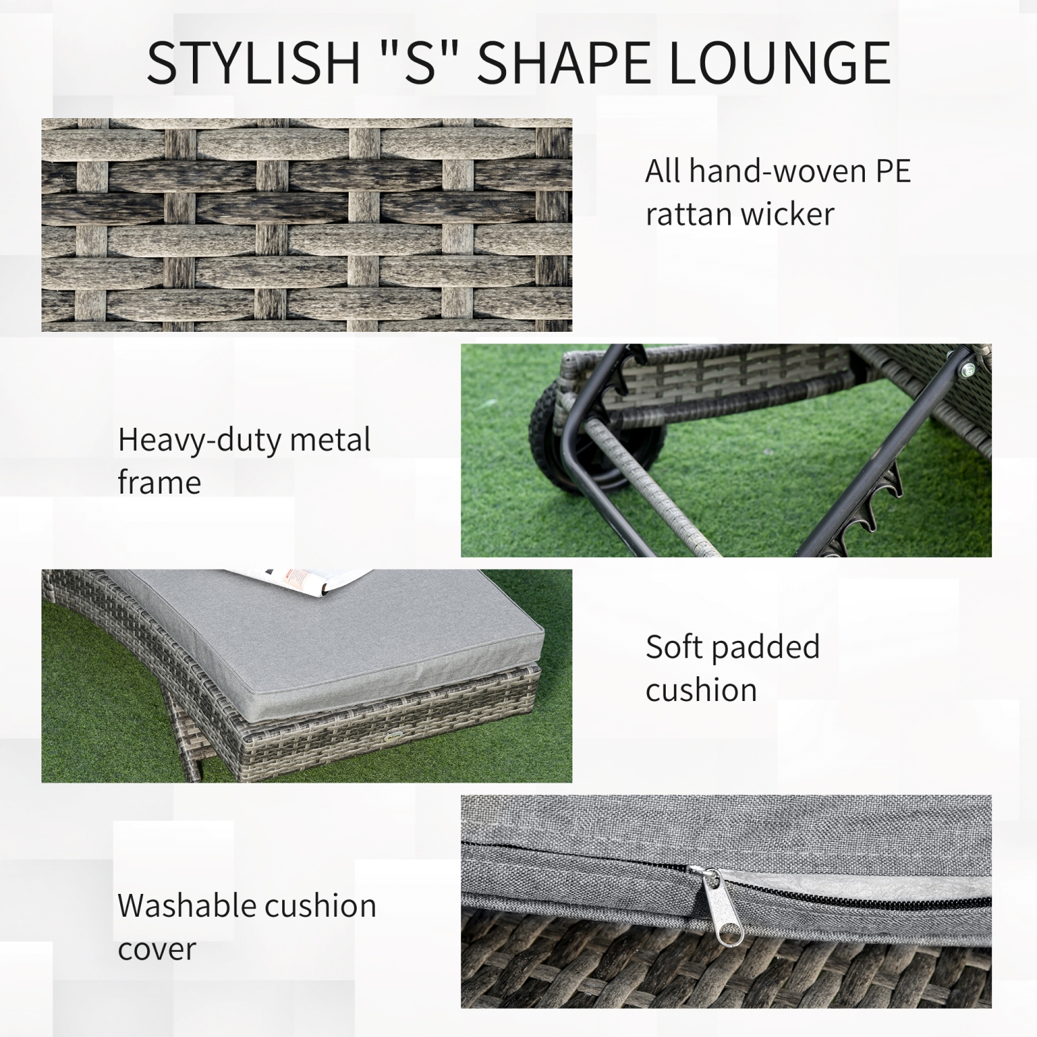 Outsunny Wicker Chaise Lounge, Outdoor Lounge Chair, 5-Level Adjustable Backrest S-Shape Rattan Lounger with Cushion & Wheels for Patio, Deck,