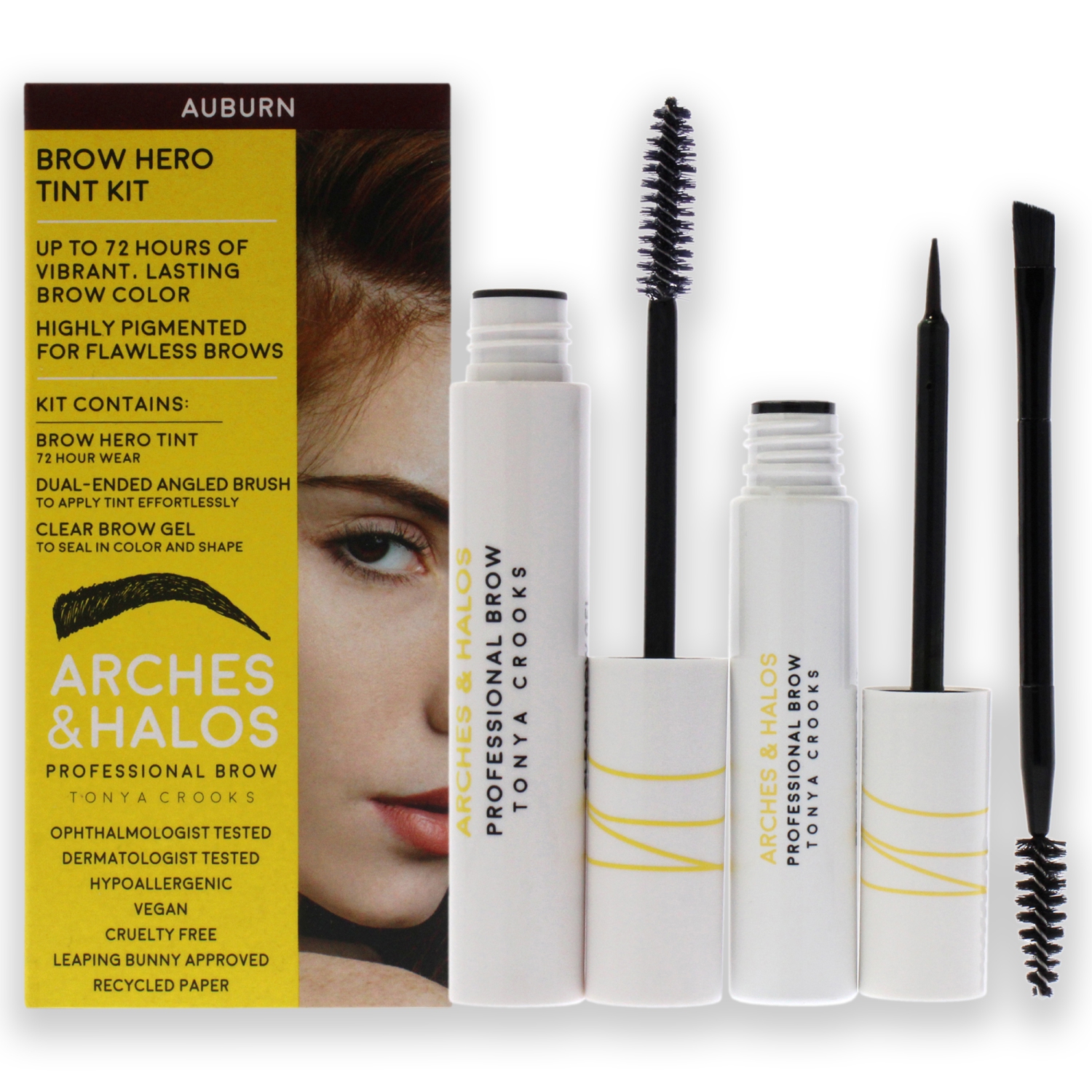 Brow Hero Tint Kit - Auburn by Arches and Halos for Women - 2 Pc Dual-Ended Angled Brush, Clear Brow Gel