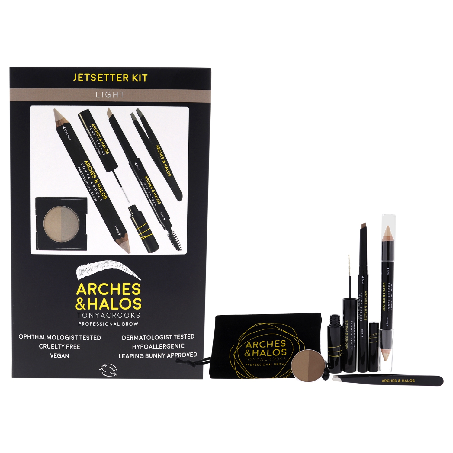 Jetsetter Brow Kit - Light by Arches and Halos for Women - 6 Pc 1 Pc Tweezer, 0.012 oz Pencil, 0.088 oz Powder, 0.176 oz Crayon, 0.176 Gel , Make Up