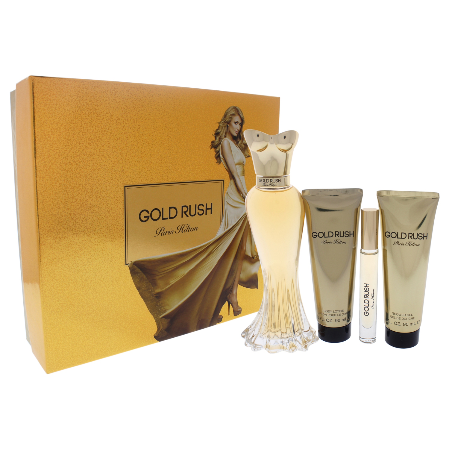 Gold Rush by Paris Hilton for Women - 4 Pc Gift Set 3.4oz EDP Spray, 0.20oz EDP Rollerball, 3oz Body Lotion, 3oz Shower Gel