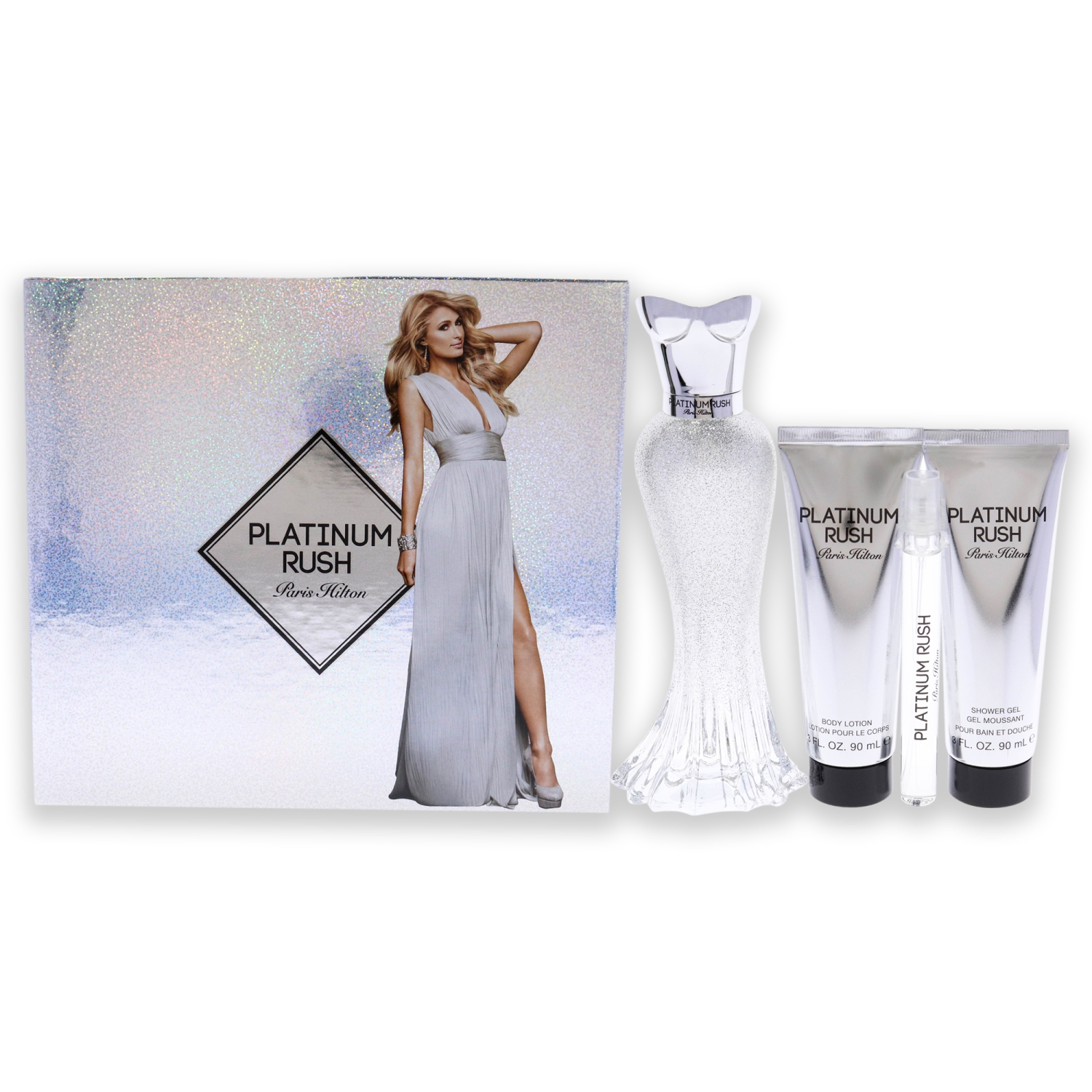 Platinum Rush by Paris Hilton for Women - 4 Pc Gift Set 3.4 oz EDP Spray, 0.33oz EDP Spray, 3oz Body Lotion, 3oz Shower Gel
