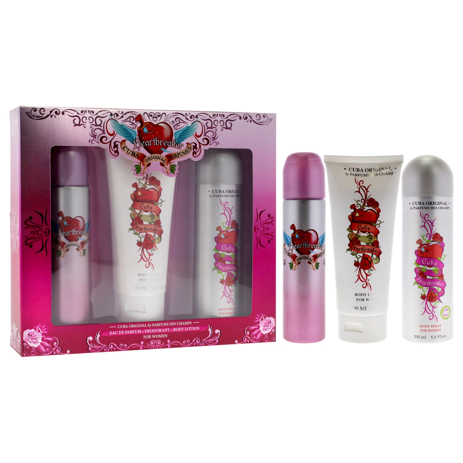 Cuba Heartbreaker by Cuba for Women - 3 Pc Gift Set 3.3oz EDP Spray, 6.7oz Body Spray, 6.6oz Body Lotion