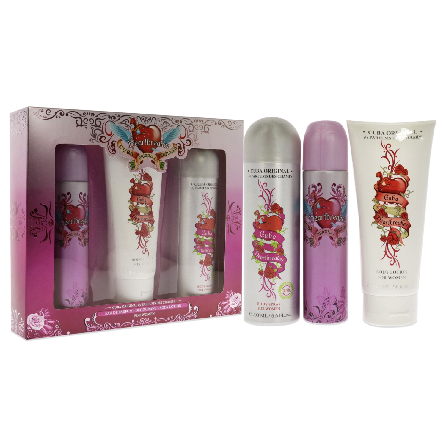 Cuba Heartbreaker by Cuba for Women - 3 Pc Gift Set 3.3oz EDP Spray, 6.7oz Body Spray, 6.6oz Body Lotion