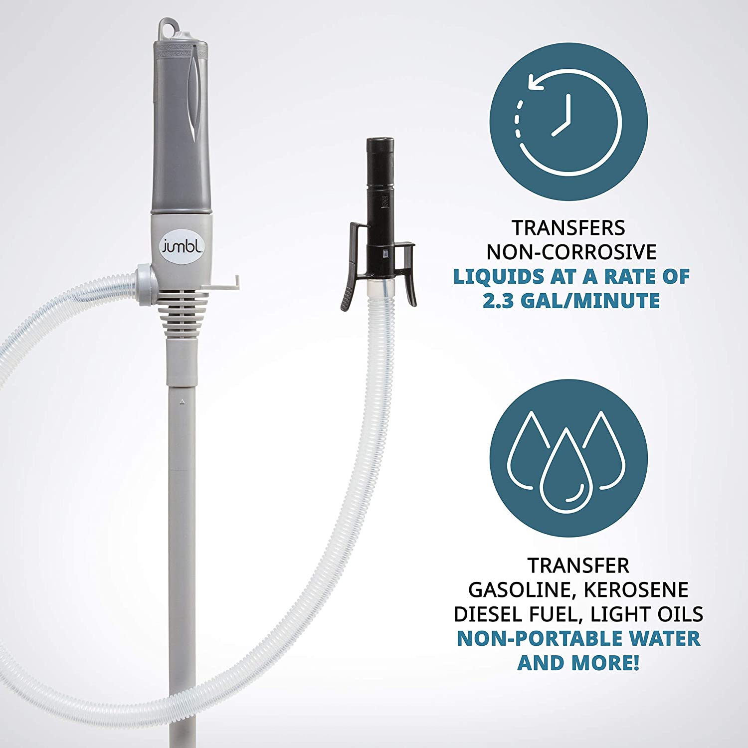 Jumbl Liquid Transfer Pump | Portable Battery Powered Fuel Transfer Pump with Auto-Stop | Flexible Intake hose | Transfers Gasoline, Water & Other