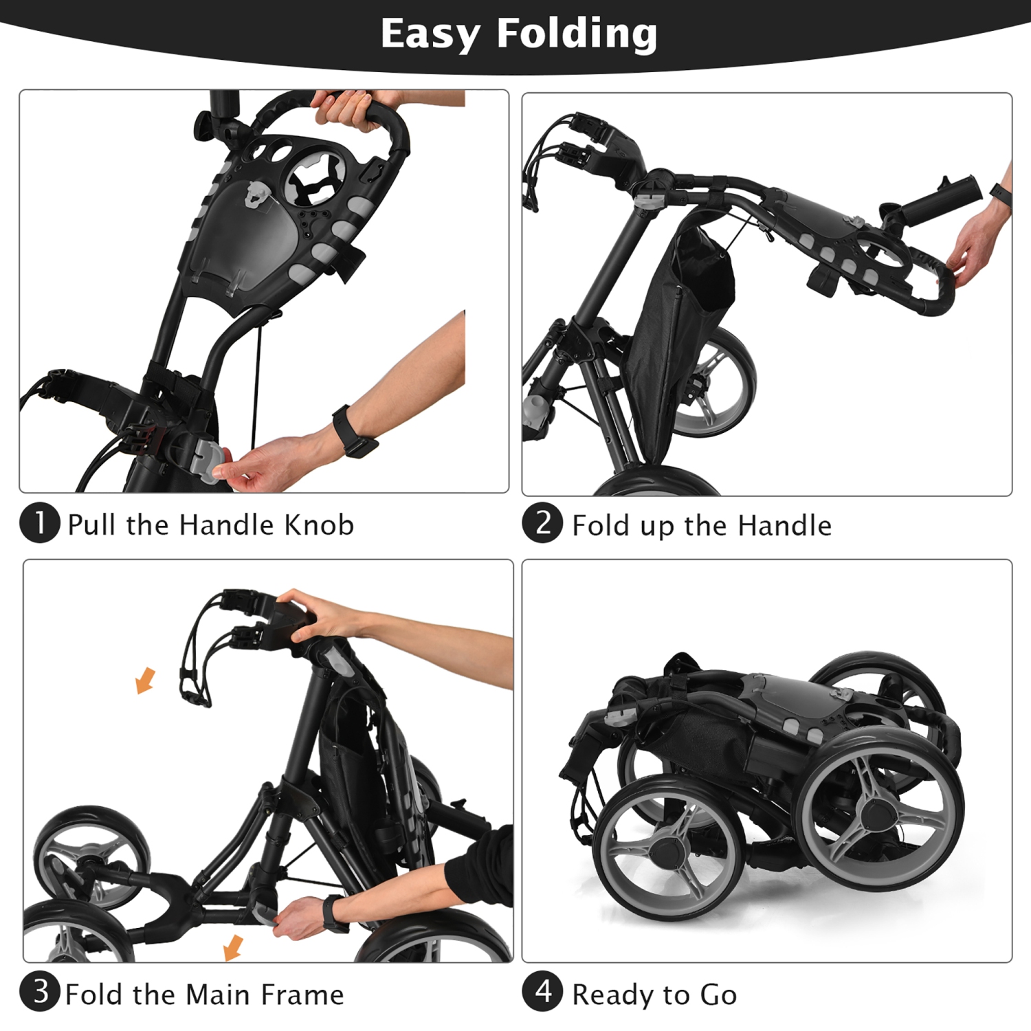 Gymax 4 Wheels Foldable Golf Push Pull Cart Trolley w/ Brake Waterproof Bag