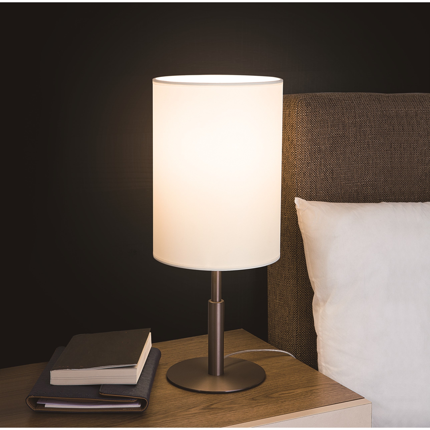 Tubicen Modern Table Lamp, E26 Bulb Nightstand Lamp, Plug in Desk Reading Lamp with Fabric Shade, Solid Metal Bedside Lamps, Taupe