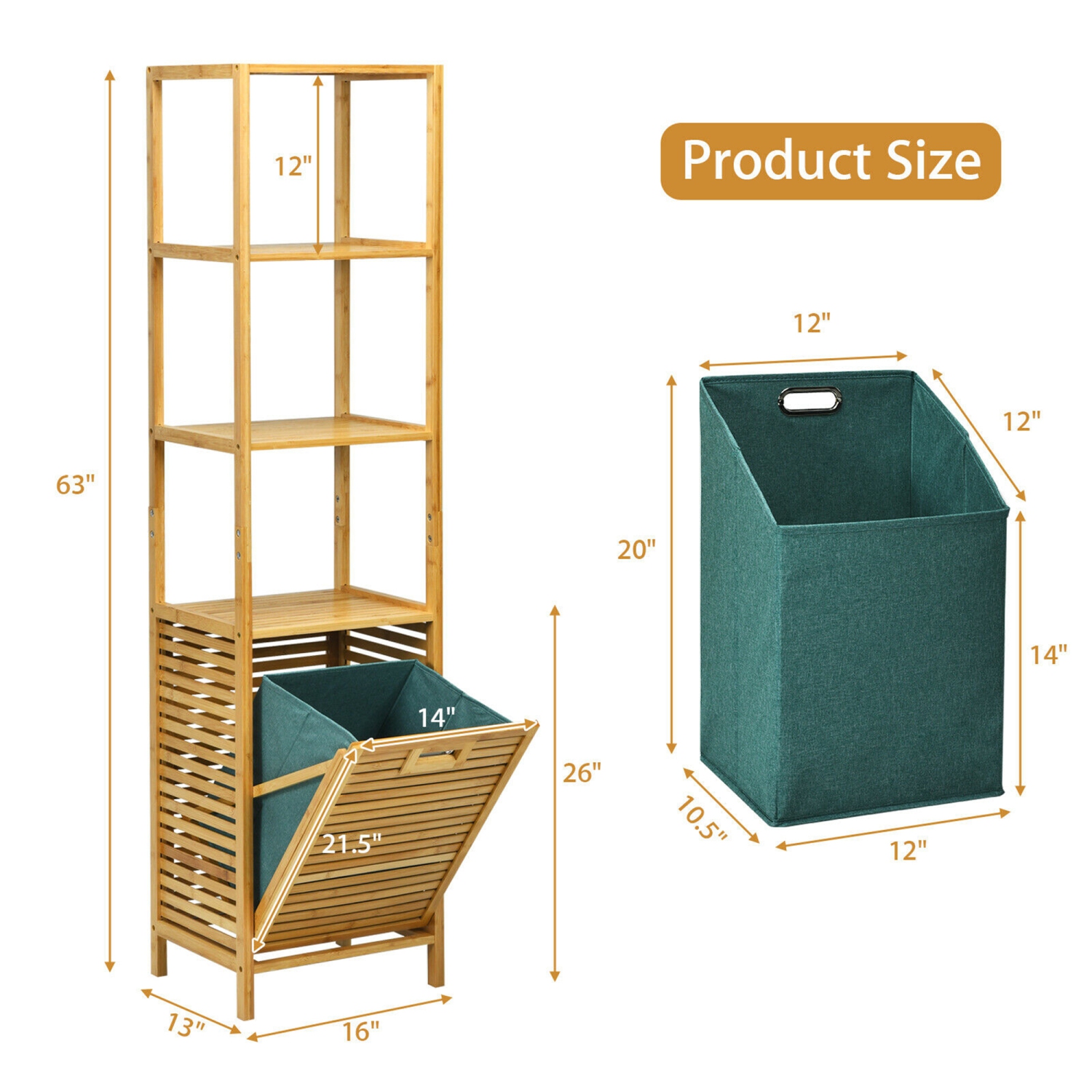 Gymax Bathroom Tilt-out Laundry Hamper Bamboo Tower Hamper w/3-Tier Shelves