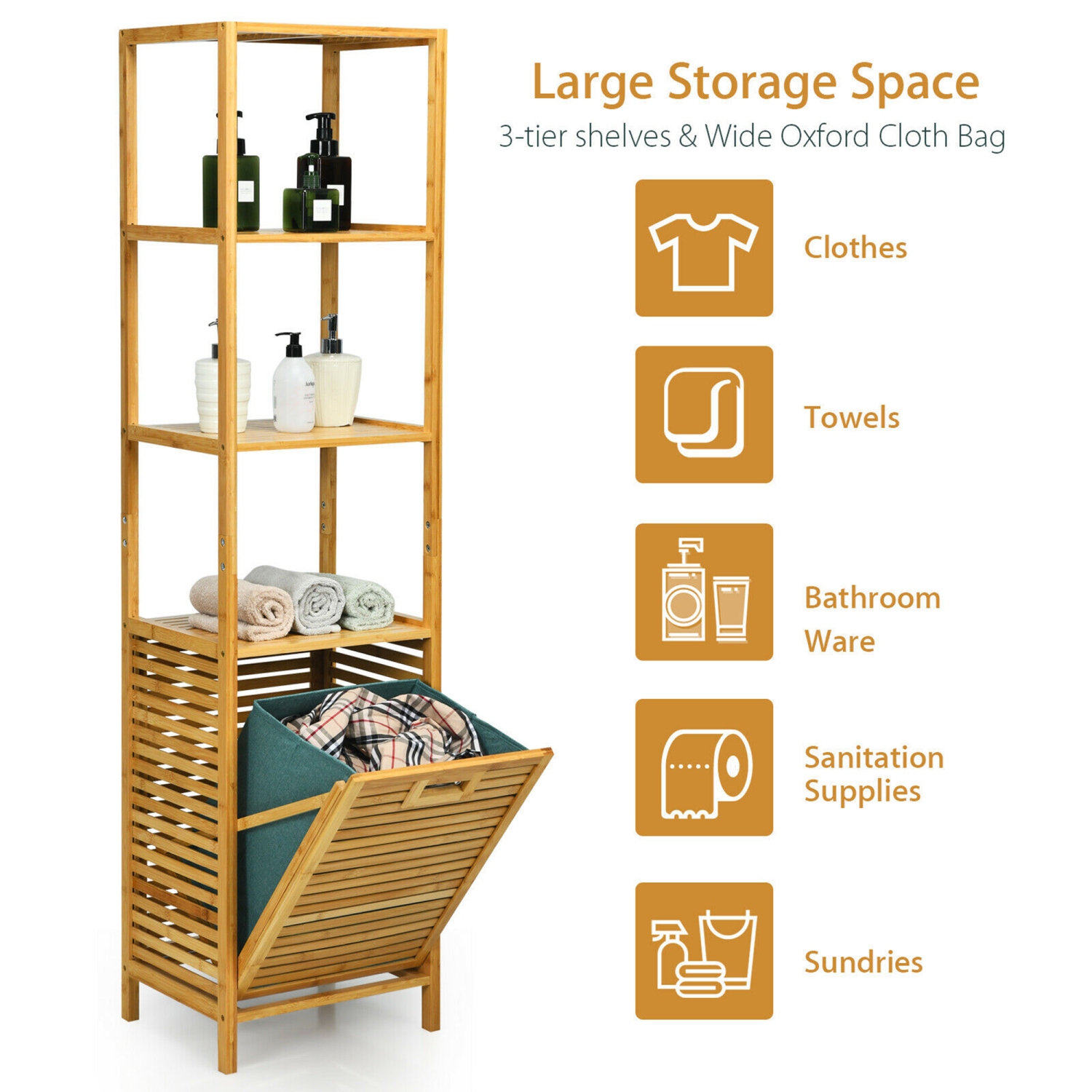 Gymax Bathroom Tilt-out Laundry Hamper Bamboo Tower Hamper w/3-Tier Shelves