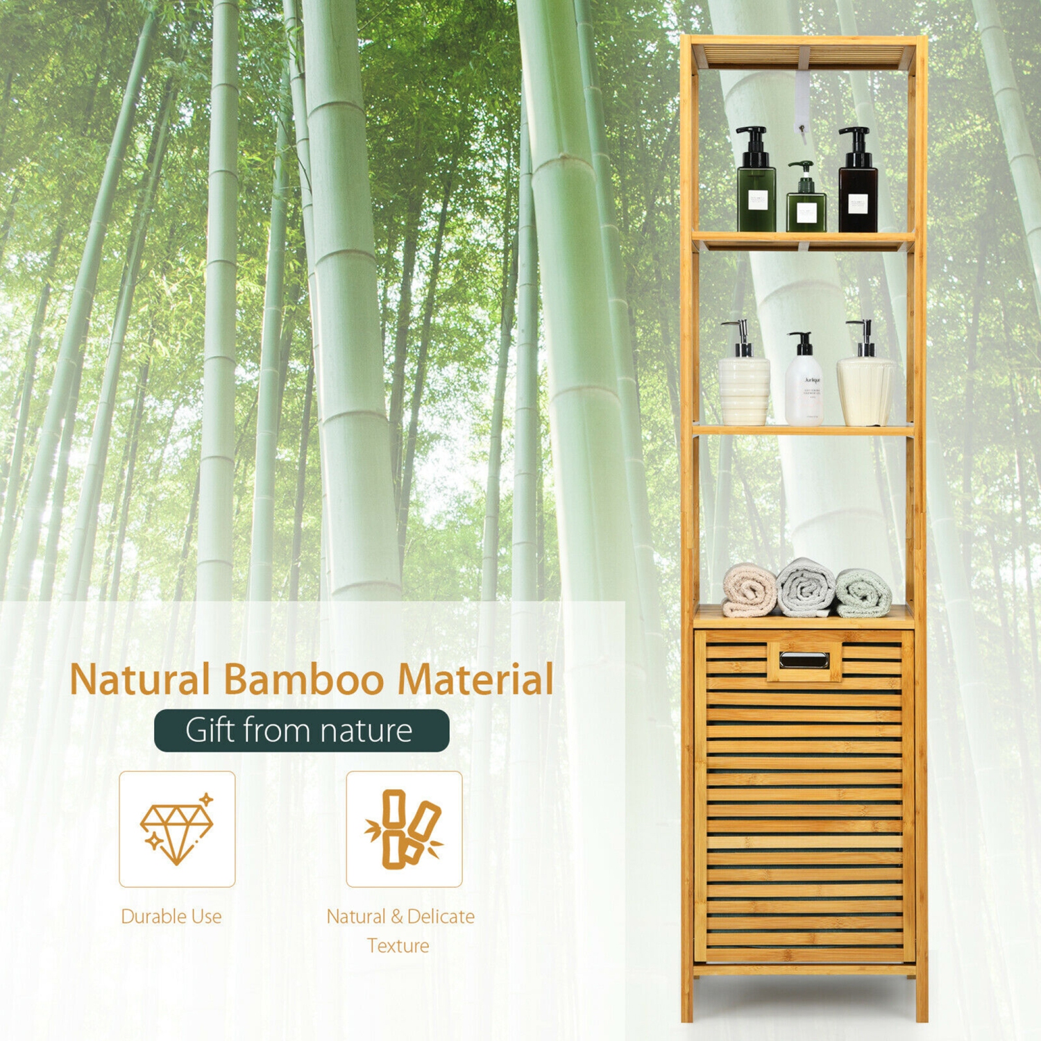 Gymax Bathroom Tilt-out Laundry Hamper Bamboo Tower Hamper w/3-Tier Shelves