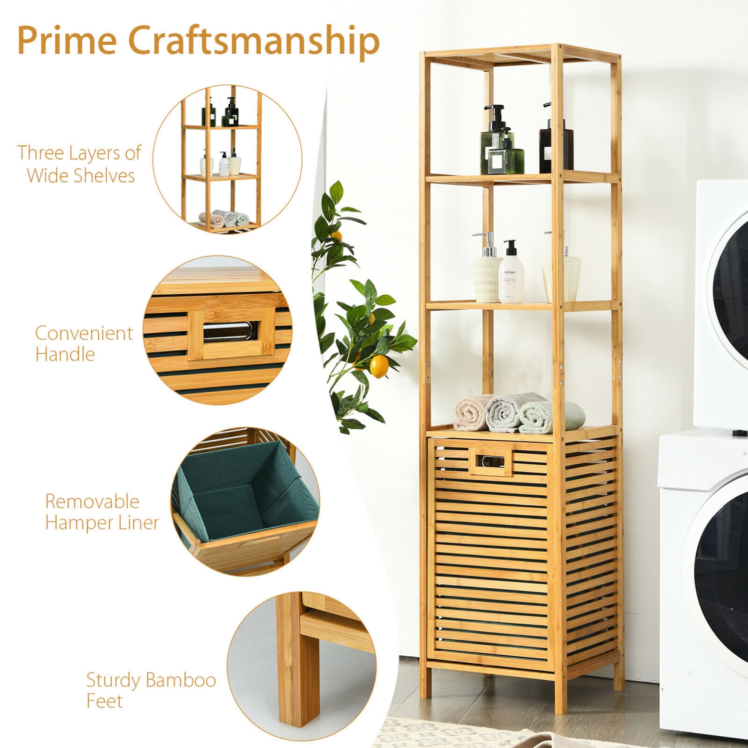 Gymax Bathroom Tilt-out Laundry Hamper Bamboo Tower Hamper w/3-Tier Shelves