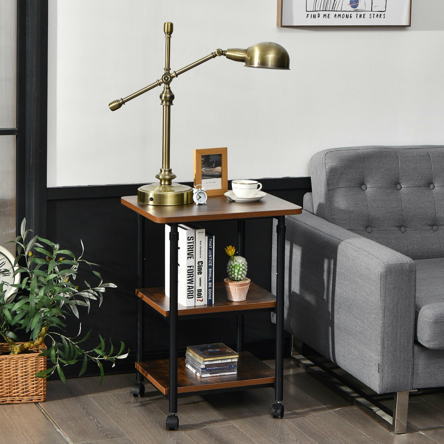 Gymax 3-Tier Rolling Adjustable Printer Cart Machine Stand Storage Rack Brown