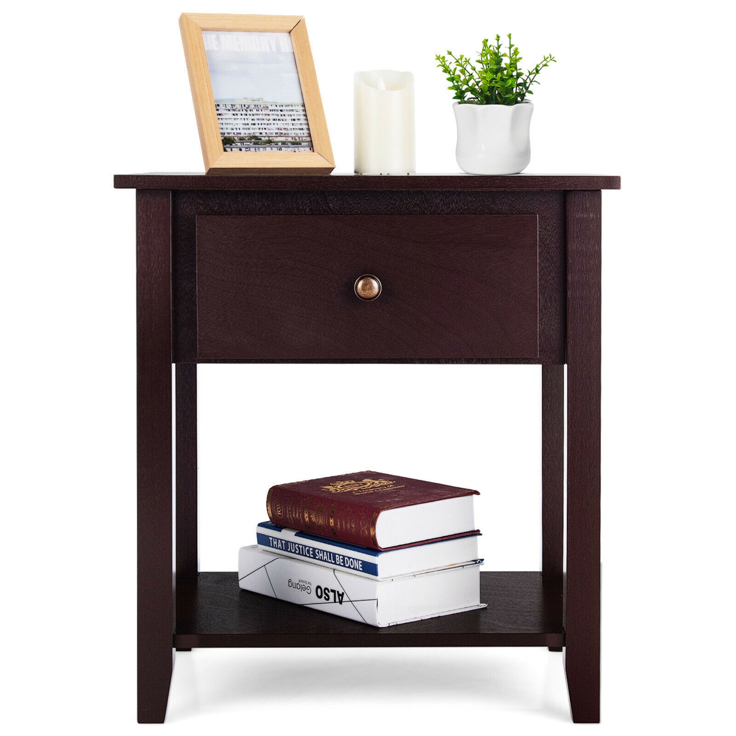 Gymax 2PCS Nightstand Sofa End Side Table W/ Storage Drawer Bottom Shelf Espresso