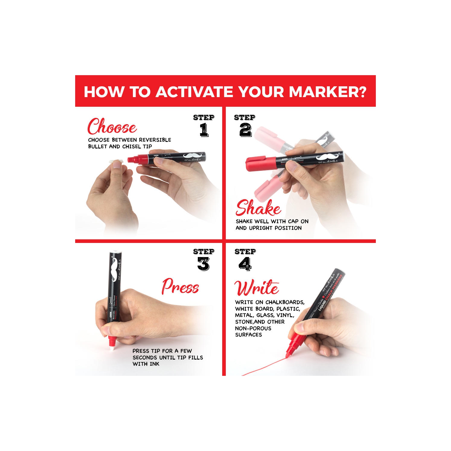 Liquid Chalk Board Window Markers, 12/Pack, With Free 40 Chalkboard Labels - Moustache®